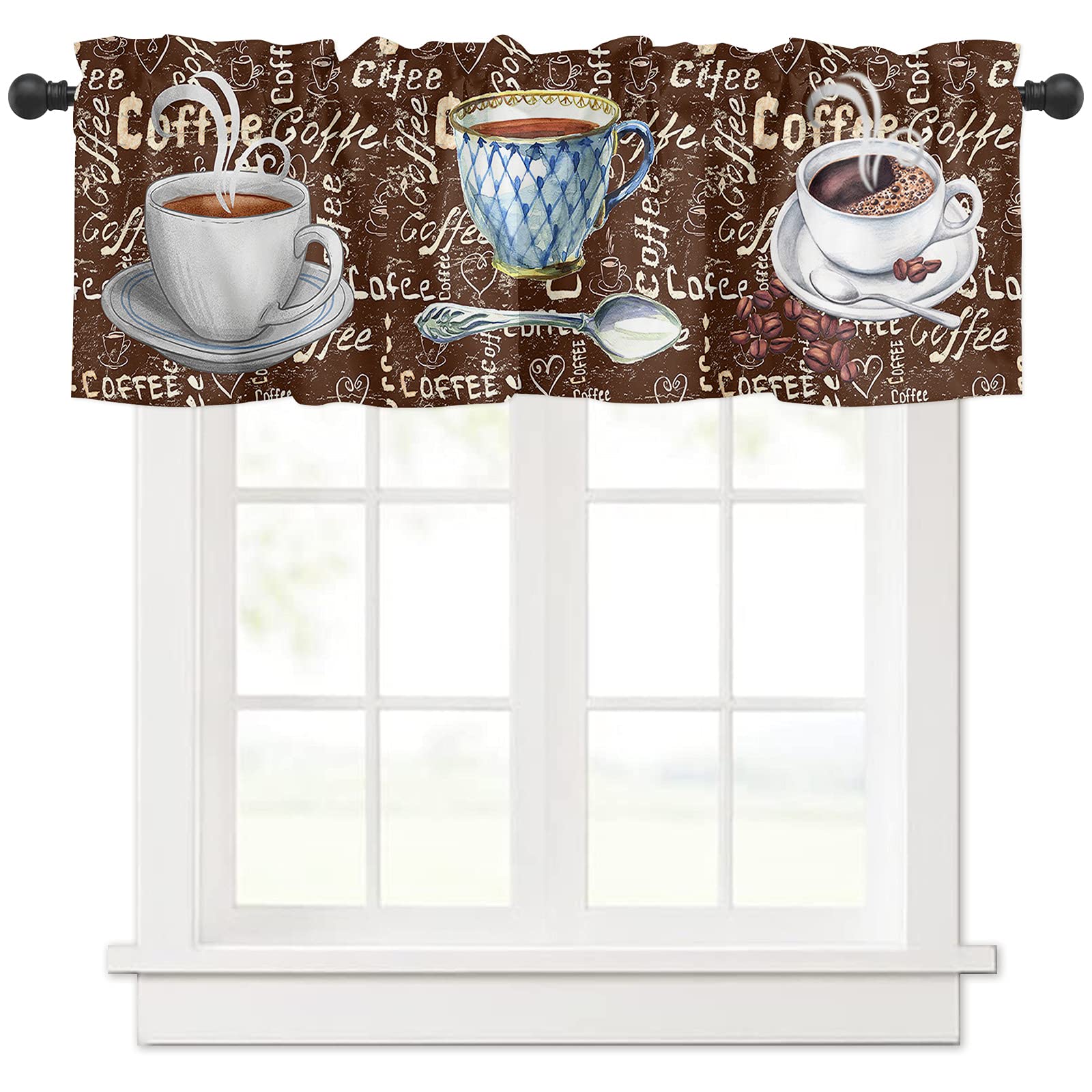 Vintage Coffee Art Window Valance - Brown Rod Pocket Cafe Curtain Panel (54x18 Inches) for Kitchen, Bedroom & Living Room - Perfect for Coffee Shops, Farmhouse Decor & Cozy Home Styling