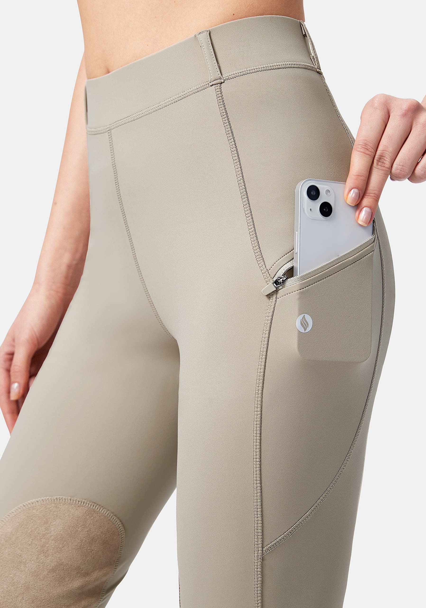 SANTINY Women's Equestrian Riding Pants with Zipper Pockets & Knee Patches - Breathable Schooling Tights for Horseback Riding, Training & Competition - Perfect for English & Western Riding Styles
