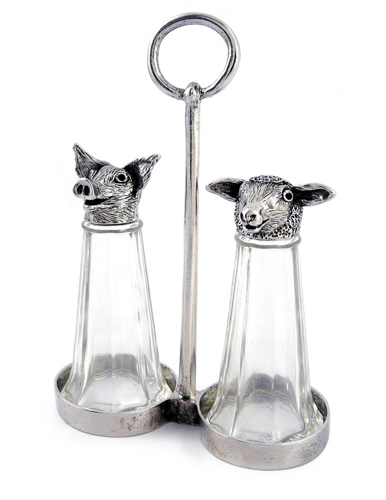 Sheep and Pig Salt & Pepper Shakers - Handcrafted Glass & American Made Pewter for Farmhouse and Rustic Kitchen Decor