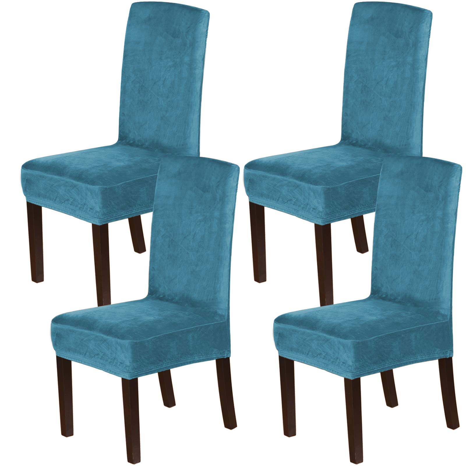 Stretch Velvet Dining Chair Covers Set of 4 - Washable Peacock Blue for Home Decor