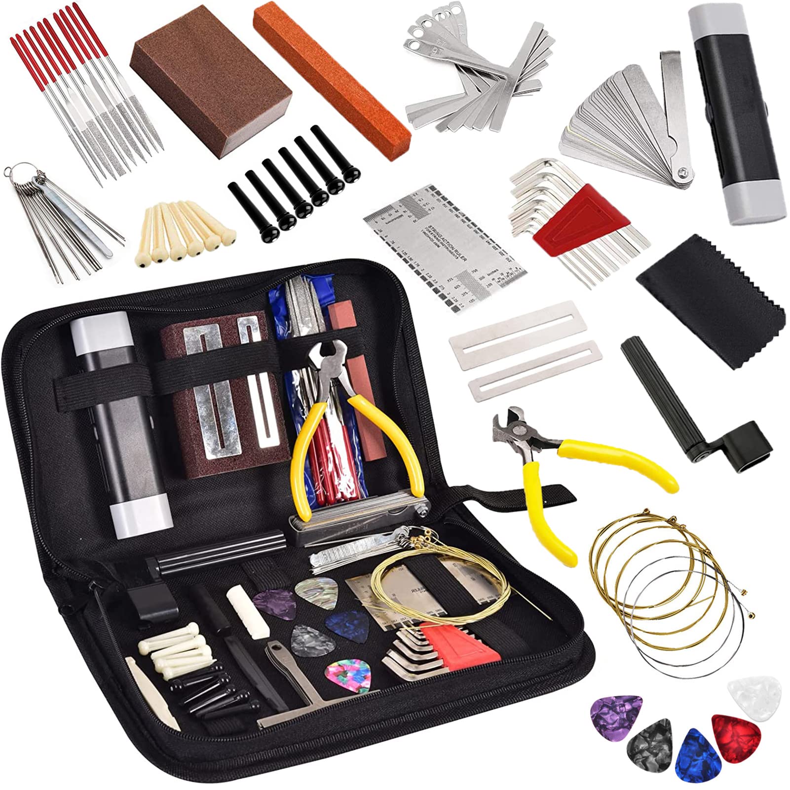 74PCS Guitar Tool Kit with Carry Bag - Professional Repair & Maintenance Tools for Guitar, Ukulele, Bass & Banjo | Includes String Action Ruler, Bridge Pins, Strings & Picks | Perfect Music Accessories Gift for Musicians | Ideal for Home Practice, Studio Recording & Live Performances
