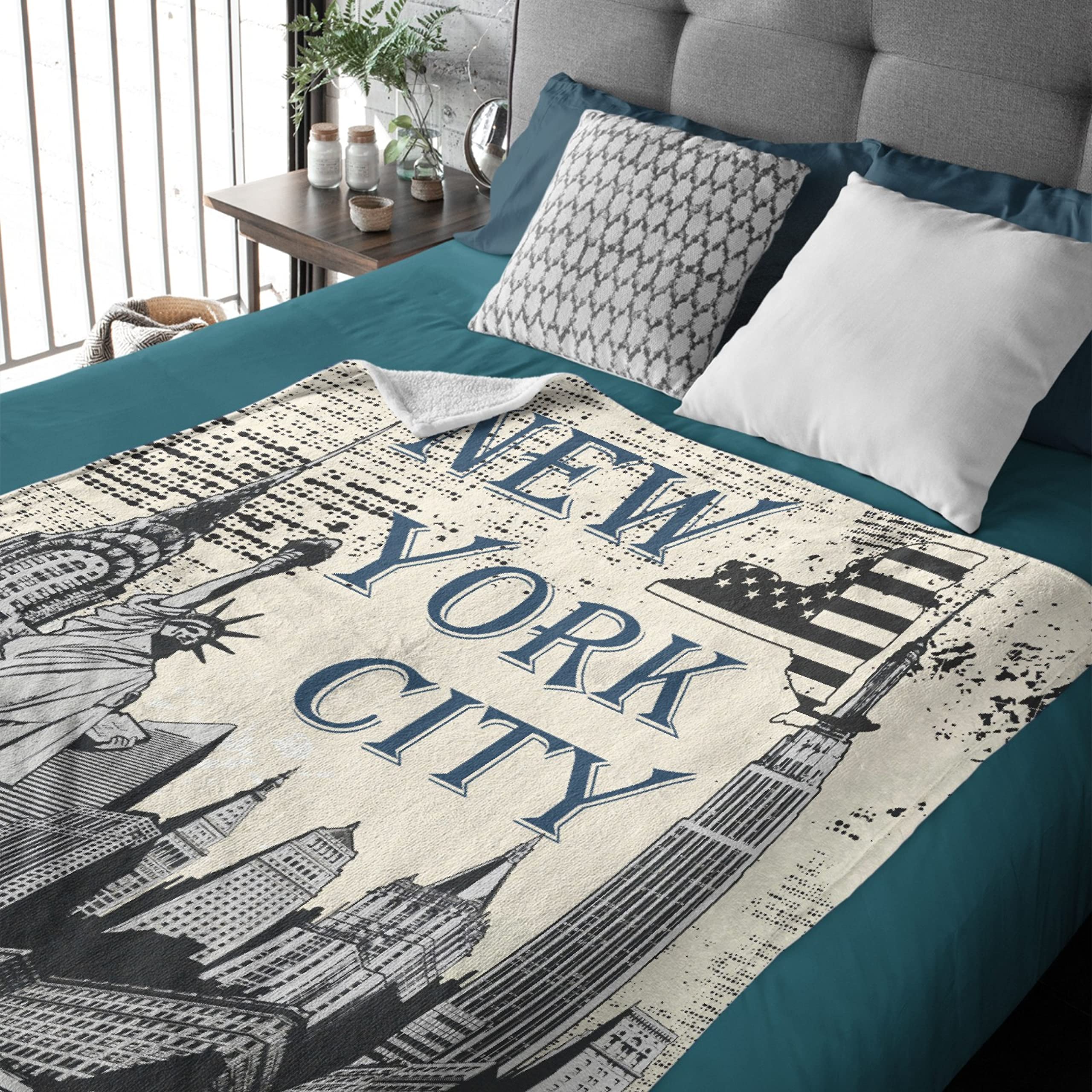 Retro New York City Themed Flannel Fleece Throw Blanket - Ultra Soft & Warm 120