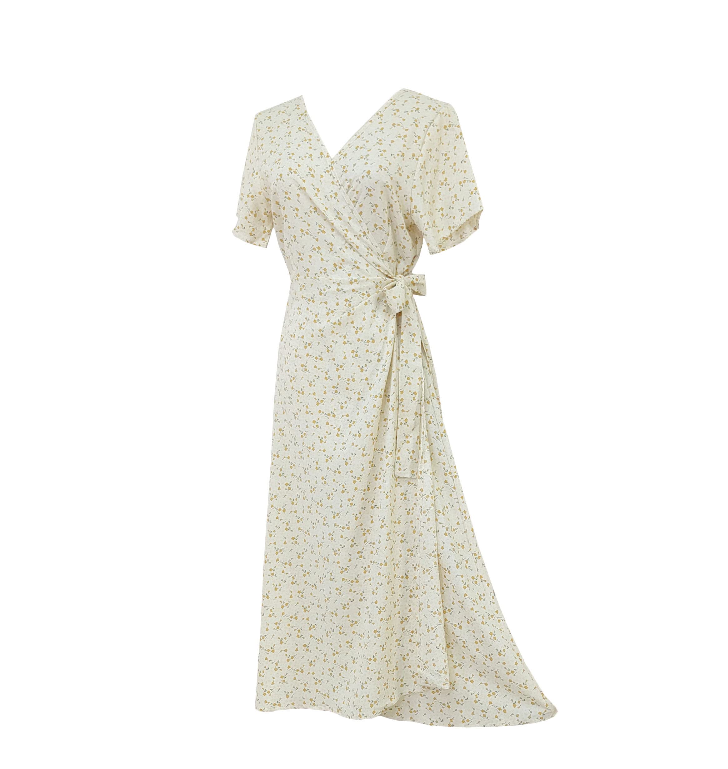 Women's Flowy Ruffle Boho Dress - V-Neck Floral Printed Summer Beach Dress - Casual Sundress for Vacations, Parties & Outdoor Events (Yellow, Medium)