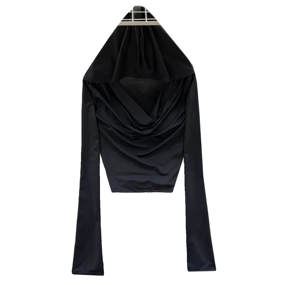 Women's Black Slim Fit Long Sleeve Ruched Hooded Cropped T-Shirt - Street Style Casual Pullover Top for Everyday Wear, Outfits & Fashion Trends