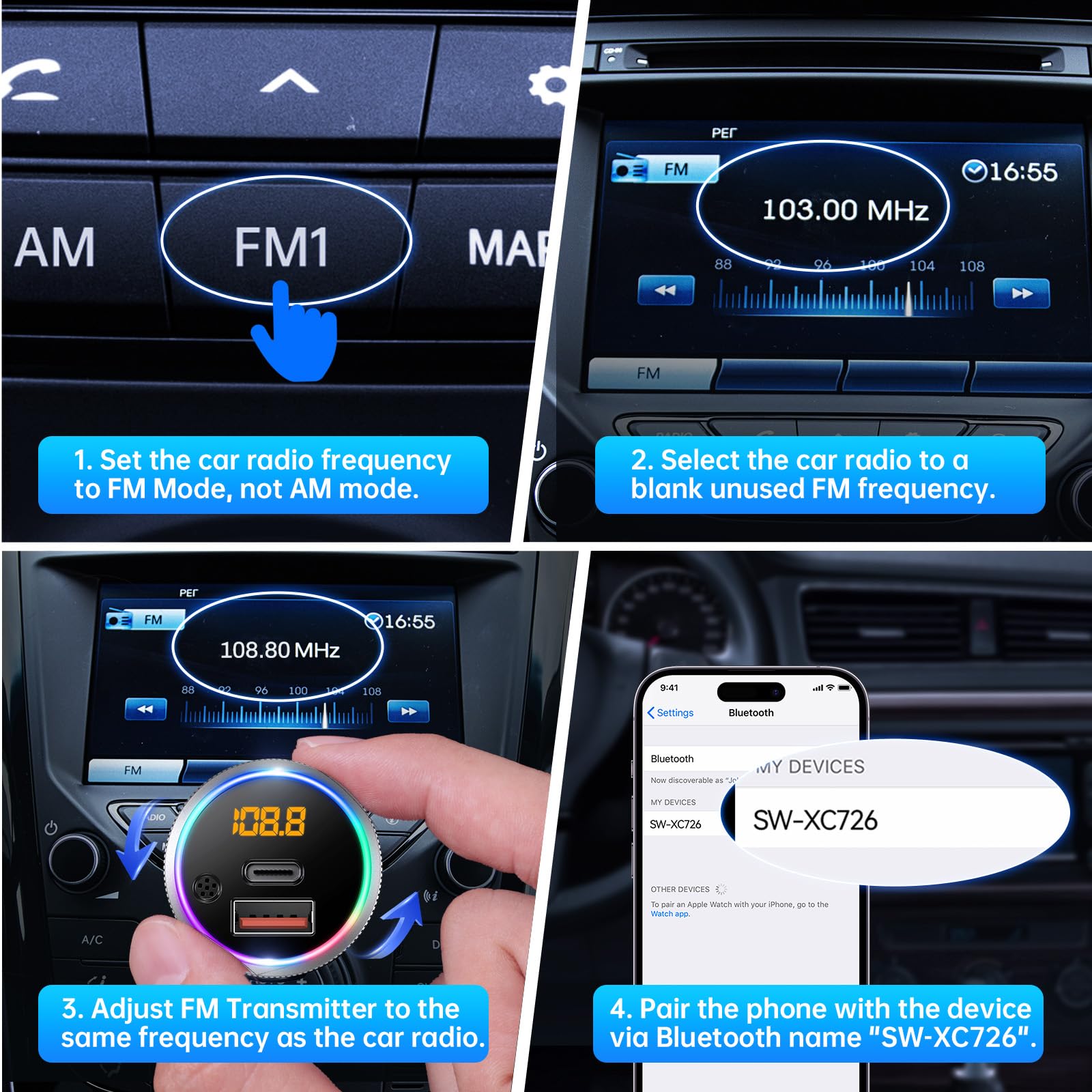 Syncwire Bluetooth 5.3 FM Transmitter for Car - 38W PD&QC3.0 Fast Charging, Hands-Free Calling, Bass Boost MP3 Player with Microphone - Perfect for Road Trips & Commuting