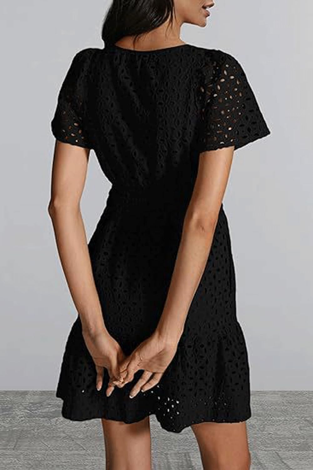UTCoco Women's Lace Eyelet Mini Dress - 2025 Casual V-Neck Short Sleeve Boho Sundress with Smocked Waist & Tiered Skirt | Perfect for Beach Vacations, Summer Parties and Boho Fashion Outfits