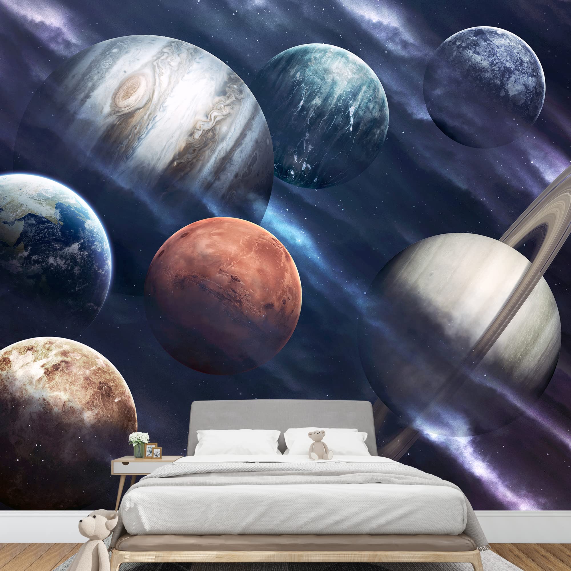 Removable Peel and Stick Wallpaper - Space Themed Universe Planets Wall Mural for Bedroom (100x144 inches) - Perfect for Kids Room Decor, Nursery, or Home Office Accent Wall