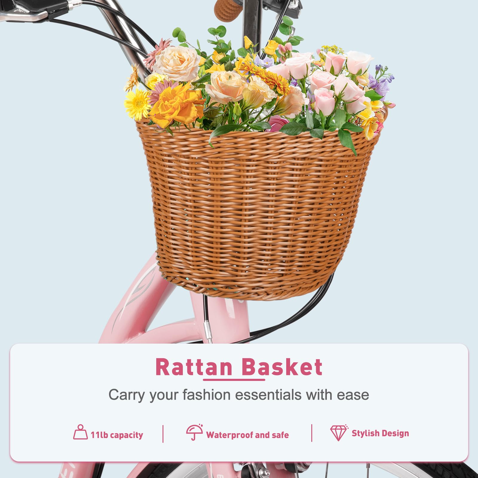 26 Inch Women's Beach Cruiser Bike - 7 Speed Hybrid Cruiser with Adjustable Seat & Anti-Skid Tires - Pink Single Bar Design with Basket - Perfect for Coastal Rides, Commuting & Leisure Cycling