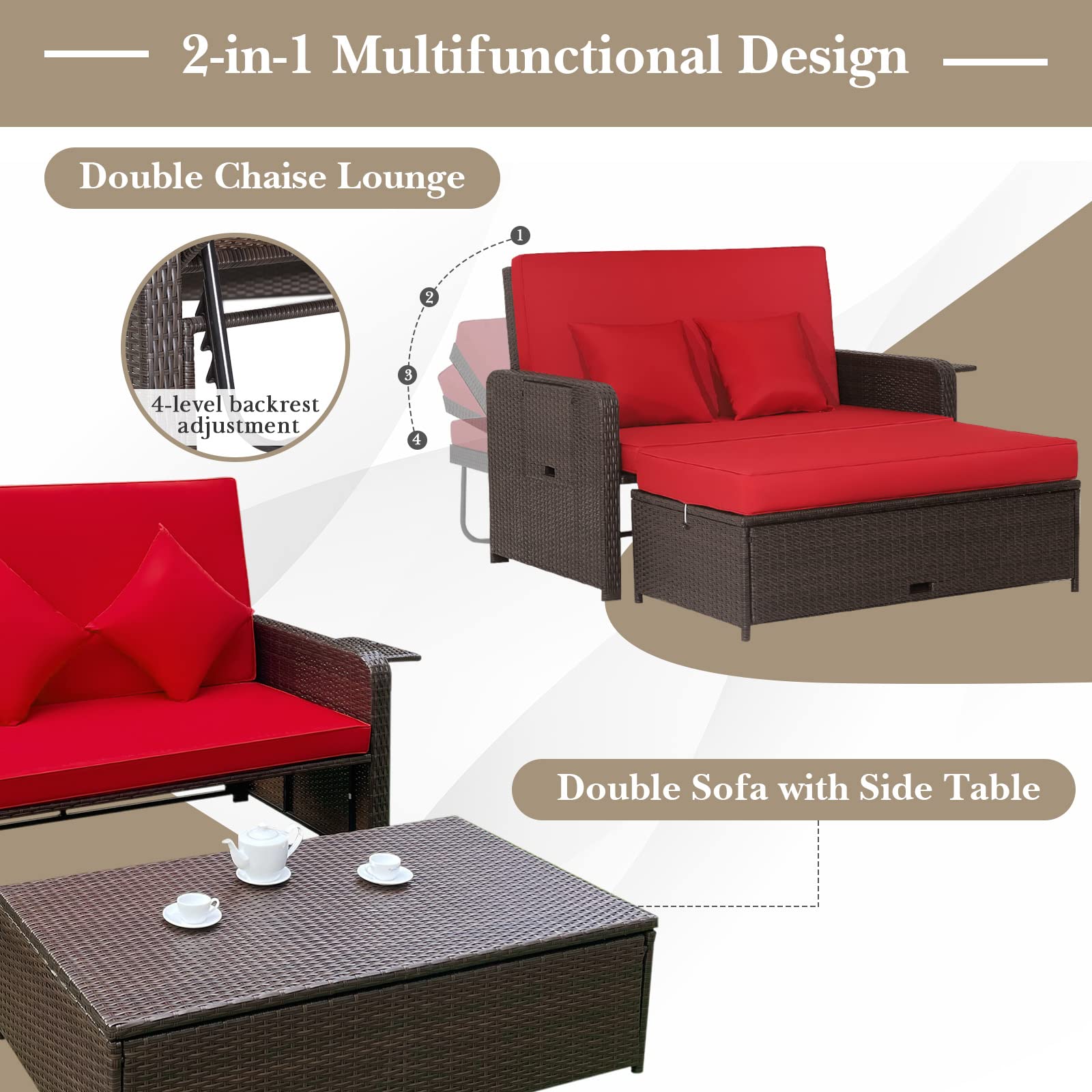 Tangkula Patio Rattan Daybed with Adjustable Backrest - Outdoor Wicker Loveseat Sofa Set with Ottoman, Side Tray & Storage - Perfect for Poolside, Garden or Patio Relaxation