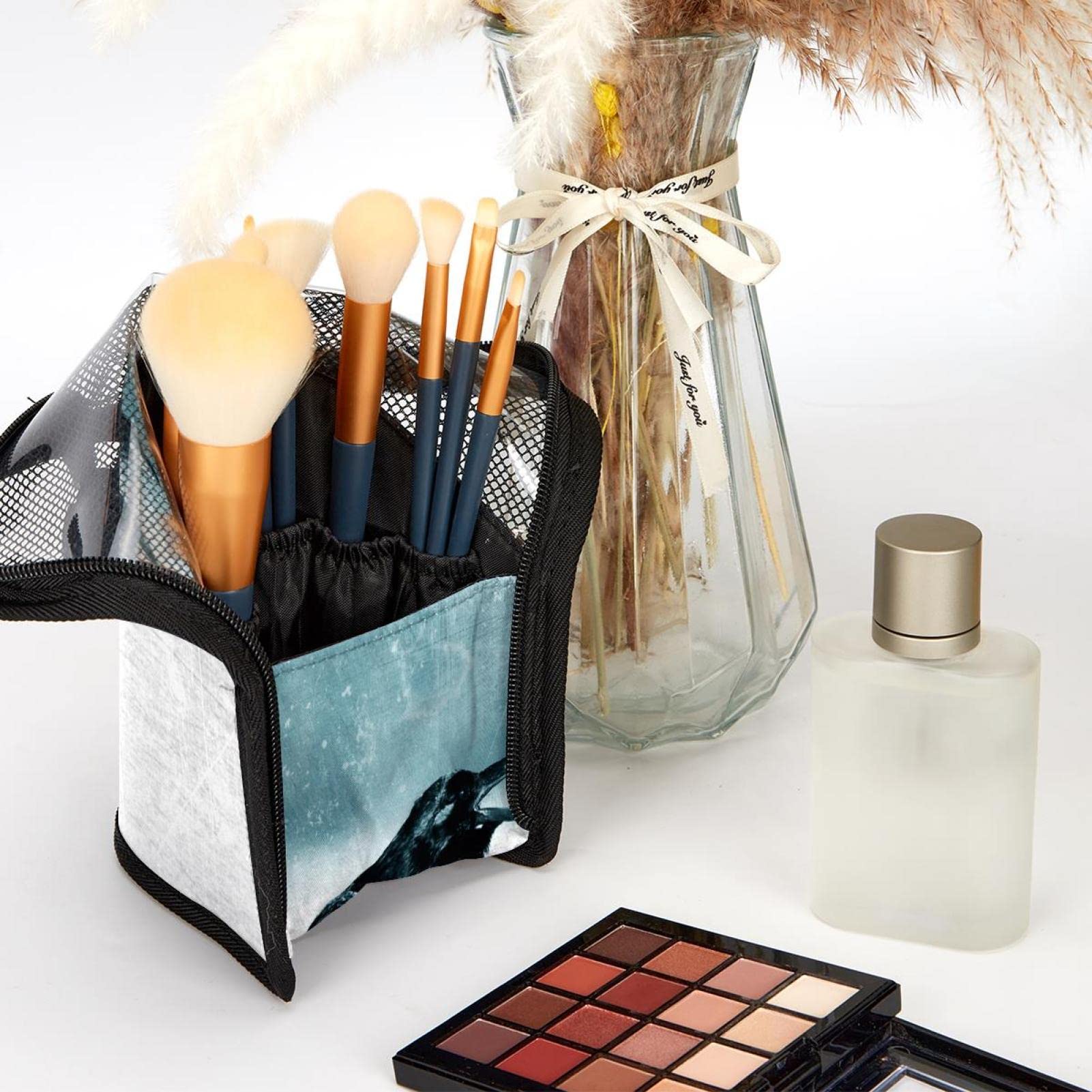 Premium 12-Piece Makeup Brush Organizer Bag with Portable Holder Case - Black Crow Design for Travel & Home Storage | Ideal for Makeup Artists & Beauty Enthusiasts