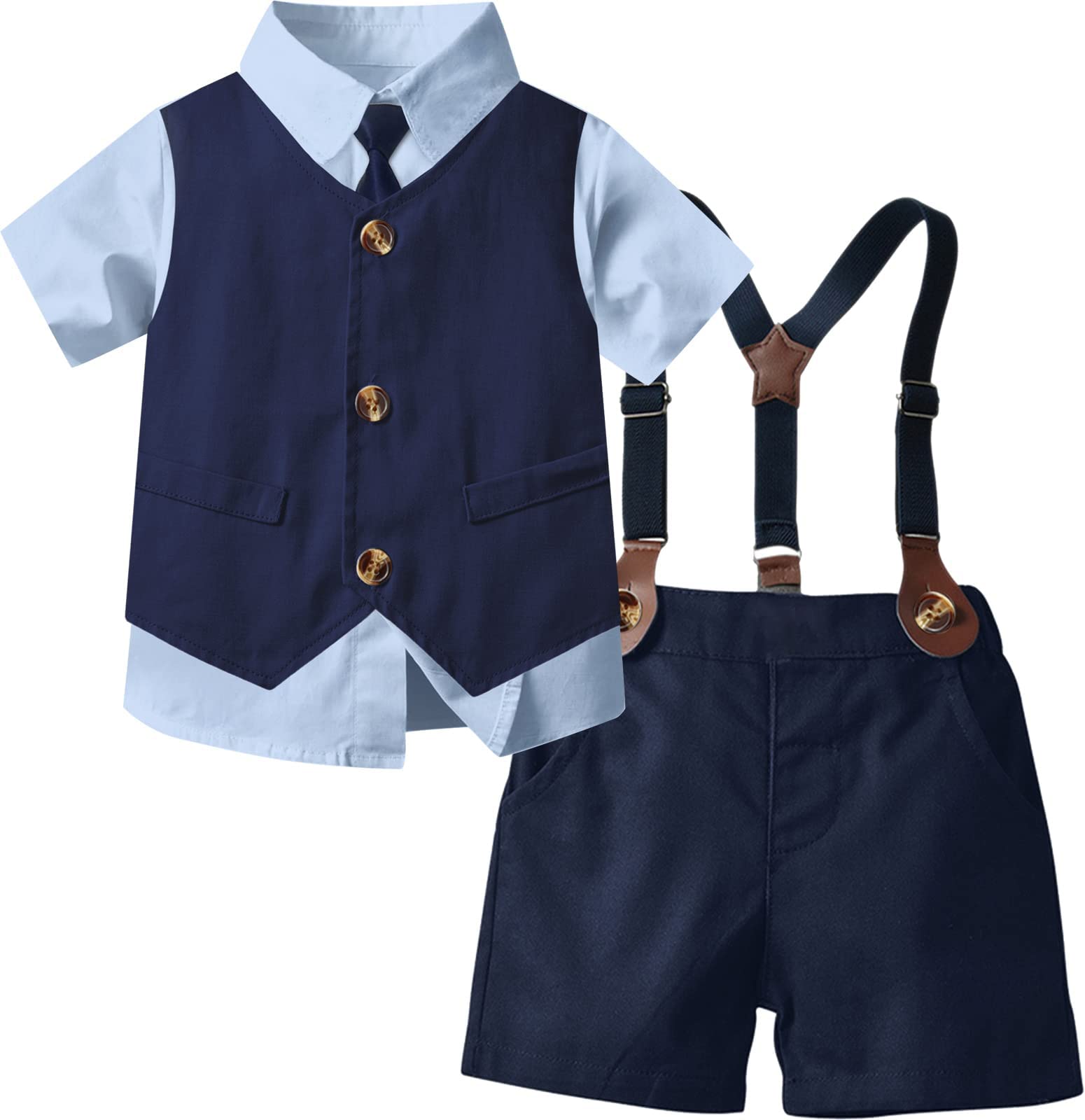 Stylish Baby Boys Summer Outfit - Short Sleeve Bowtie Shirt & Suspenders Shorts Set (3M-9Y) - Perfect for Parties, Photos & Casual Play