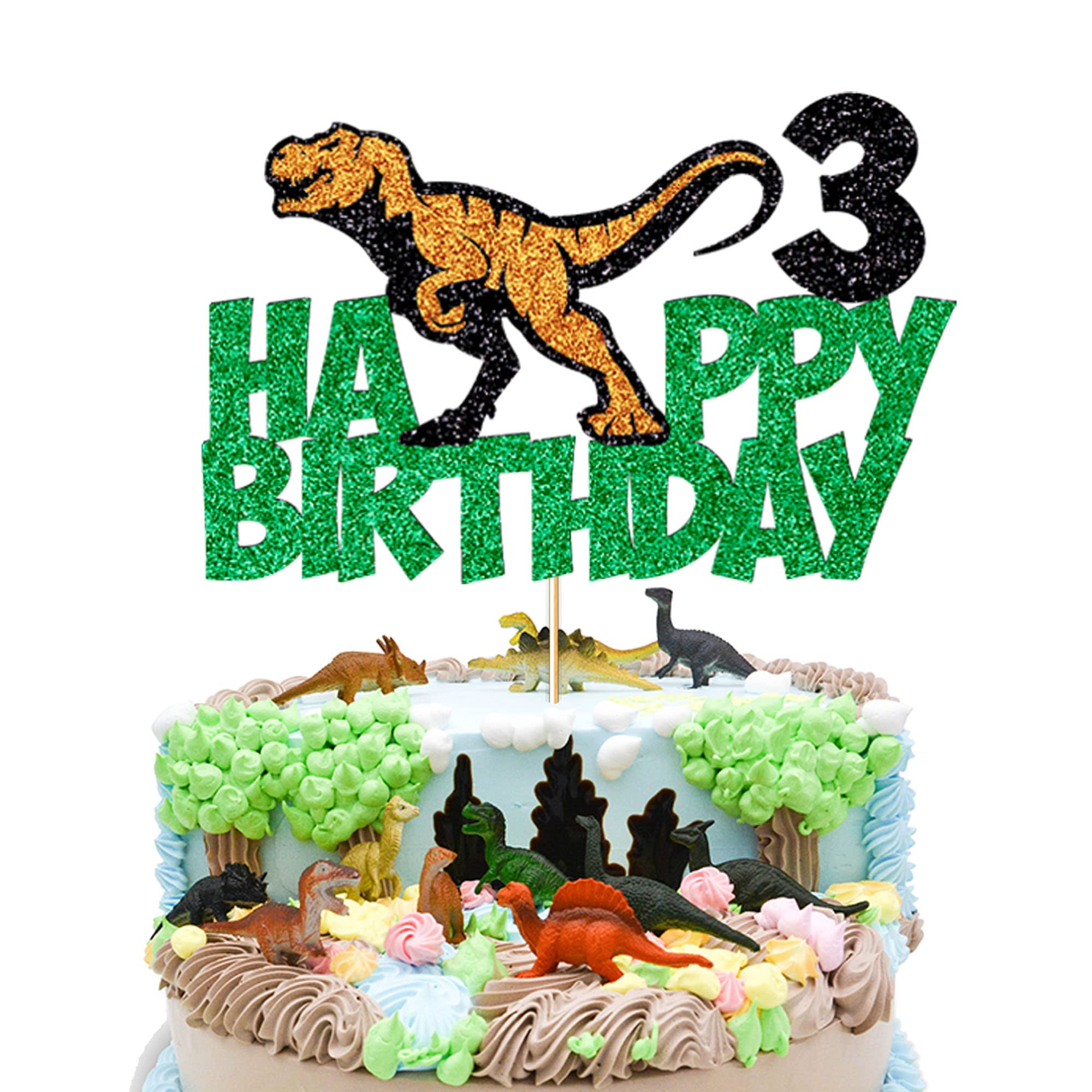 3D Dinosaur Cake Topper for Kids Birthday Party - T-Rex Themed Cake Decorations with Happy Birthday Sign - Perfect for 3rd Birthday, Dinosaur Theme Parties & Cake Decorating Supplies