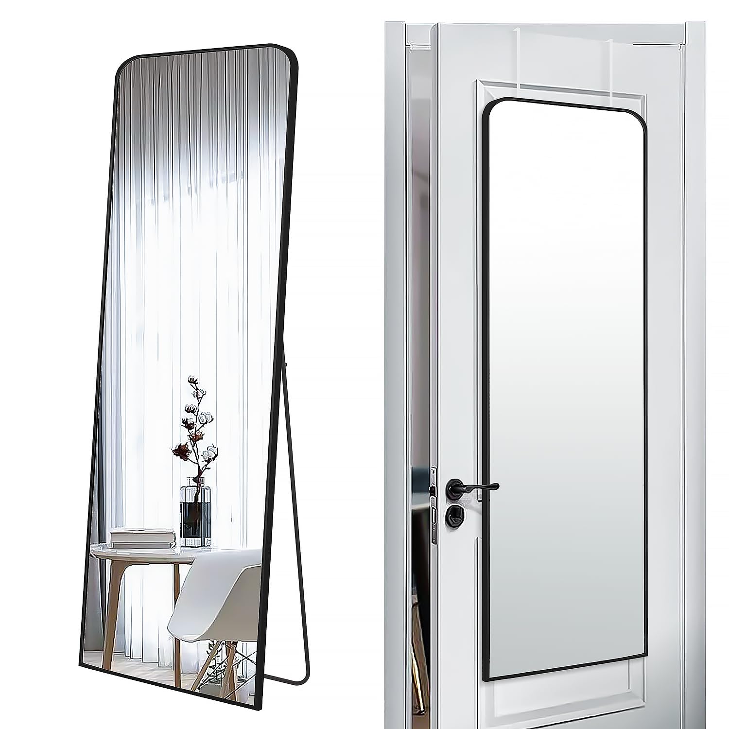 57x20 Inch Full Length Mirror with Metal Frame - Door Hanging or Wall Mounted Rectangle Dressing Mirror for Bedroom, Bathroom & Living Room (5.7ft Tall, 1.3ft Wide) - Perfect for Outfit Checks, Home Decor & Space Enhancement - Black