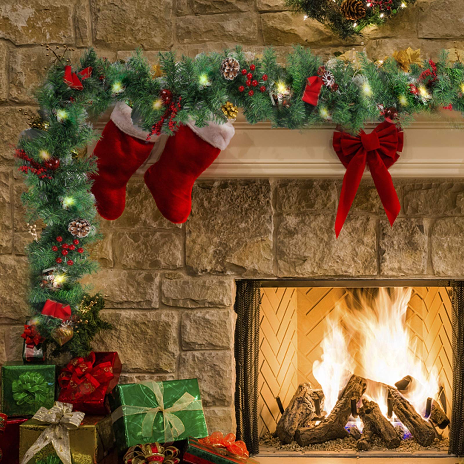 MorTime 9 FT LED Christmas Garland with Pinecones, Red Berries, Bows & Ornaments - 50 Warm White Lights, 180 Branch Tips for Holiday Decor - Perfect for Fireplace Mantel, Staircase & Christmas Tree Decoration