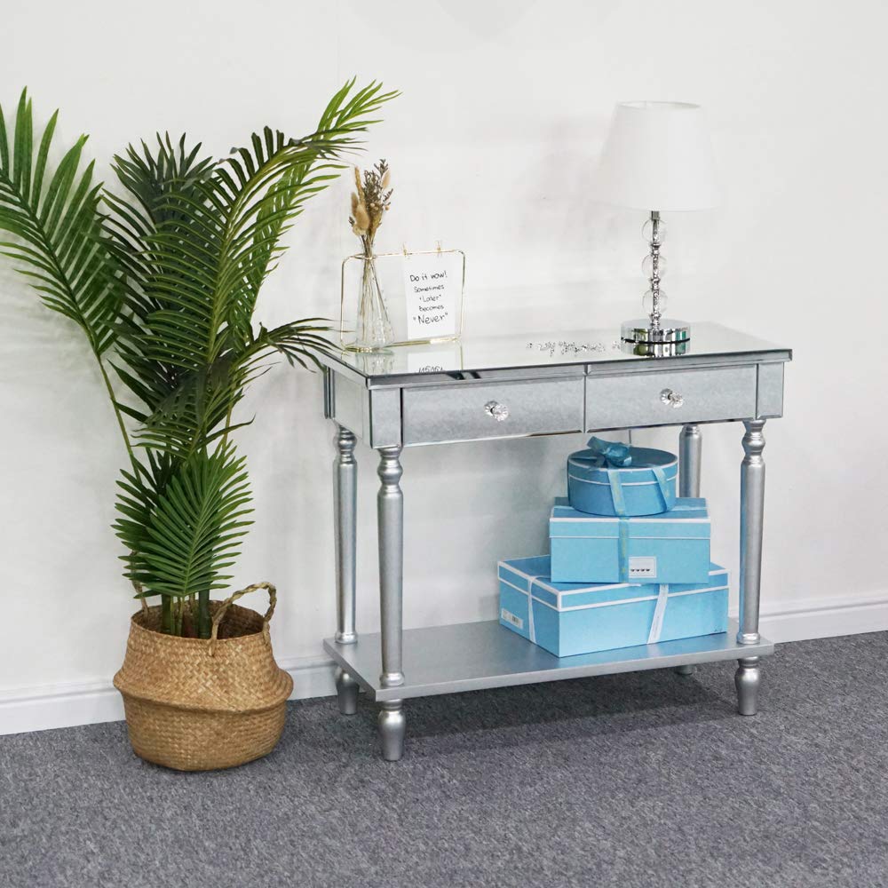 2 Tier Premium Mirrored Console Table with 2 Drawers - Silver Entryway Table for Hallway, Living Room & Bedroom Decor