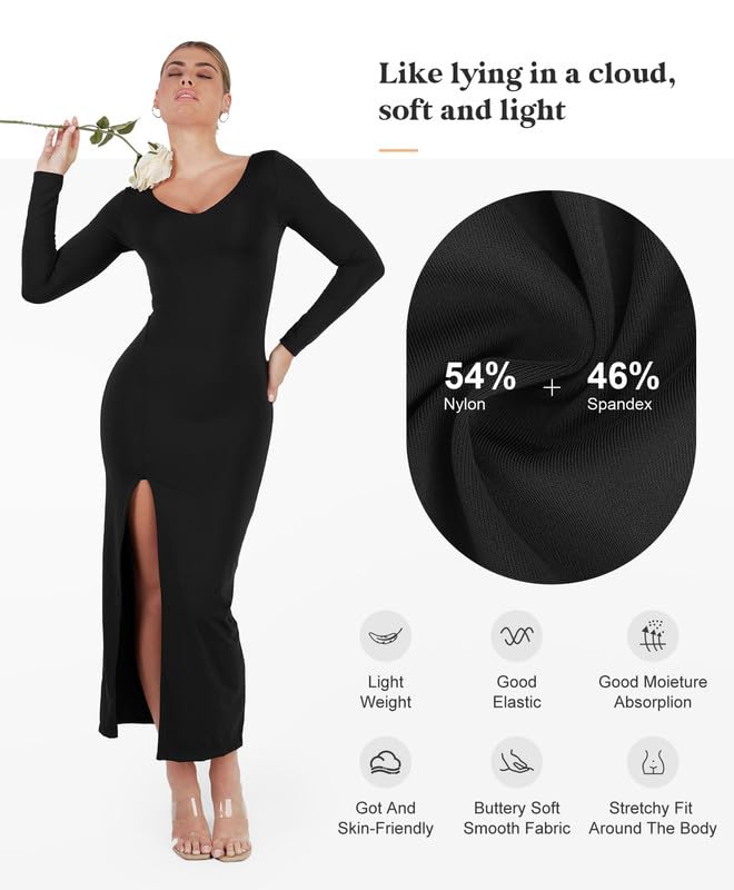 Popilush Women's Shapewear Maxi Dress - Long Sleeve V-Neck Bodycon Formal Dress with Slit | Perfect for Wedding Guest, Fall Events & Special Occasions