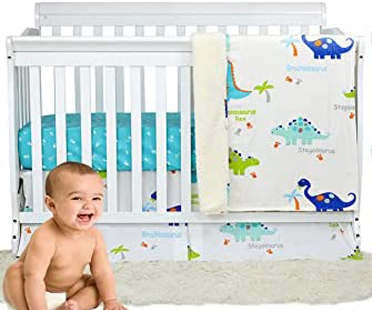 Brandream 3-Piece Baby Crib Bedding Set for Boys - 100% Cotton Soft Nursery Bedding - Fitted Crib Sheet, Dust Ruffle & Comforter - Dinosaur Theme - Perfect for Newborn, Infant & Toddler Rooms - Ideal for Nursery Decor, Baby Showers & Gift Giving