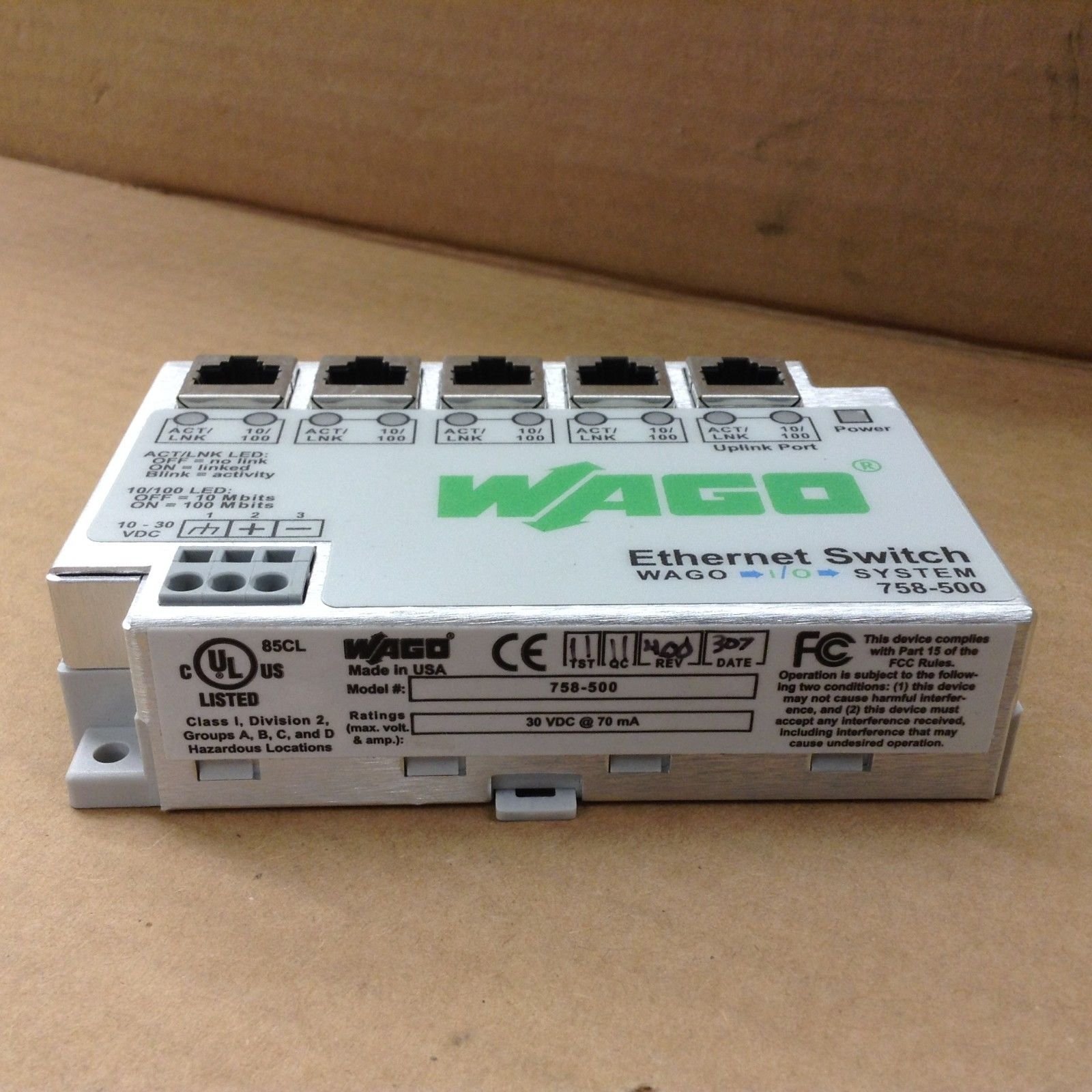 WAGO 758-500 5-Port Industrial Ethernet Switch 30VDC 70mA for Automation & I/O Systems - Perfect for Factory Control, PLC Networks, and Industrial IoT Applications