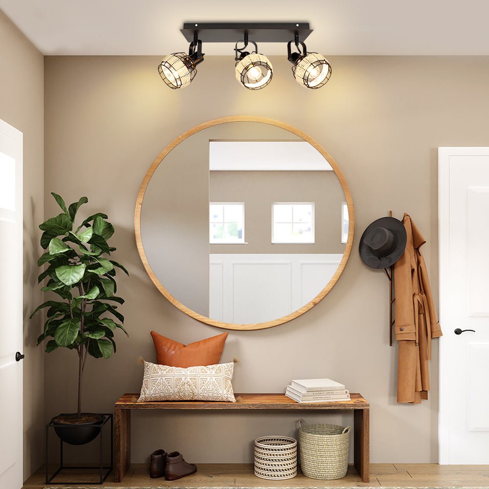 Depuley Rustic Metal and Rattan 3-Light Wall Sconce with Adjustable Direction Lampshades - Perfect for Farmhouse, Bedroom, Living Room, and Hallway Lighting