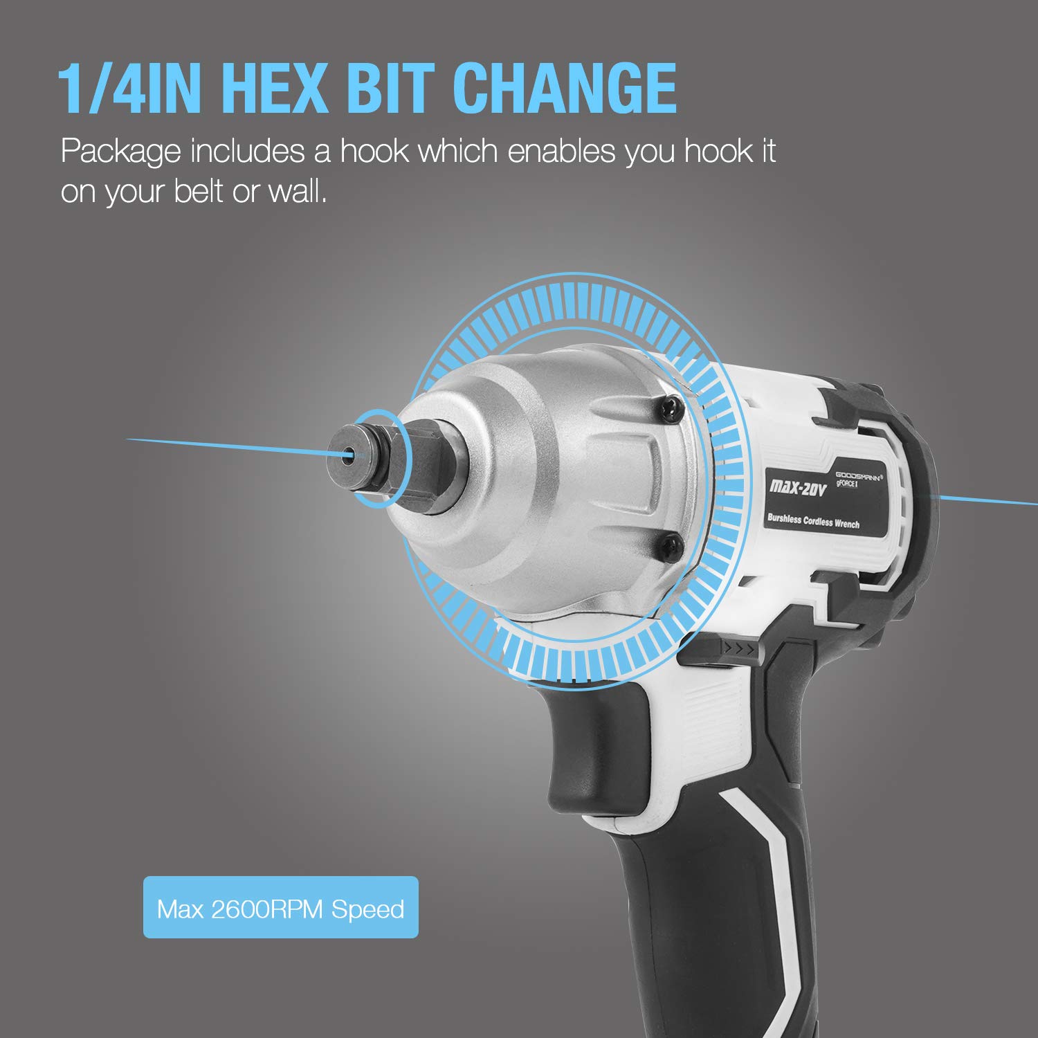 GOODSMANN 20V Brushless Cordless Impact Wrench 1/2 Inch Detent Anvil with 2.0Ah Battery & Fast Charger - Portable Power Tool for Automotive Repair, Construction, and DIY Projects (Model 9904-B202-01)