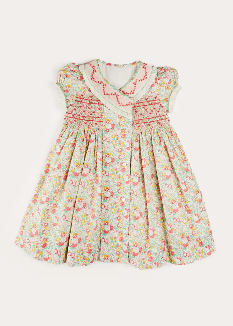 Floral Hand Smocked Double Breasted Short Sleeve Baby & Kids Dress - Coral (12 Months to 10 Years) | Perfect for Spring Photoshoots, Easter Outfits & Special Occasions