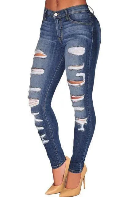 Women's Skinny Distressed Stretch Jeans - High Waist Ripped Denim Pants for Casual Wear & Everyday Outfits