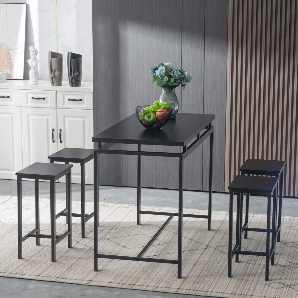 Modern 5-Piece Dining Set, Contemporary Wood Table with Four Stools, Home Kitchen Breakfast Furniture, Black, Great for Family Meals and Entertaining