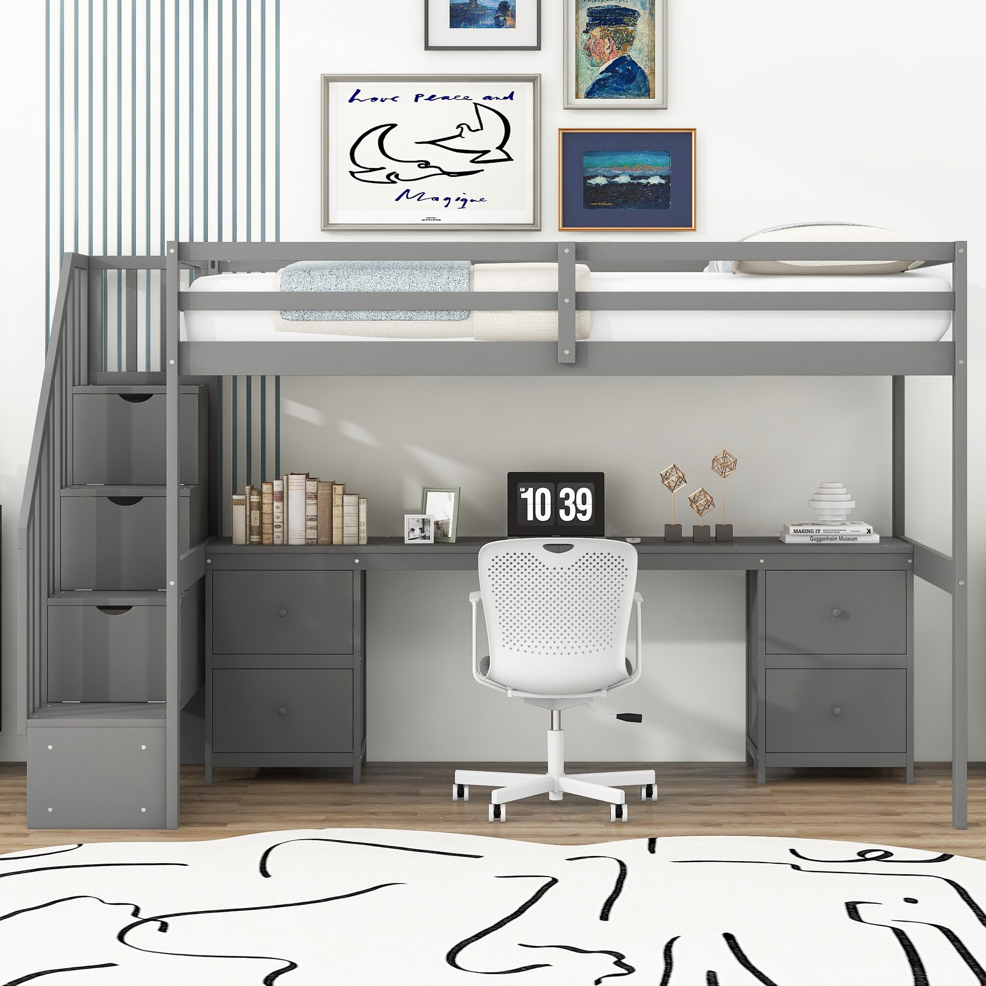 Harper & Bright Designs Twin Size Wood Loft Bed with Stairs, Desk & Storage Drawers - Space Saving Kids Bedroom Furniture for Small Rooms, Dorm or Apartment