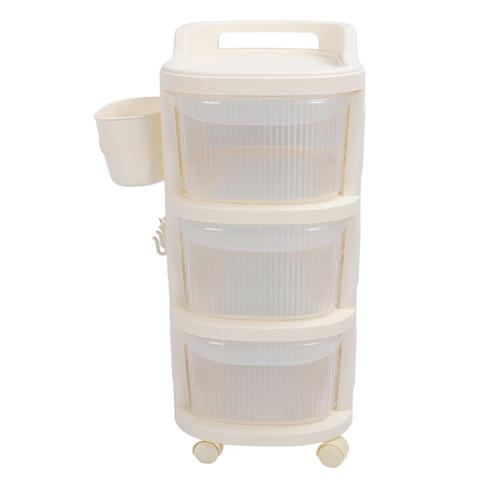 3-Tier Plastic Rolling Storage Cart with Lockable Wheels & Hanging Cups - Multi-Layer Drawer Organizer for Nursery, Bathroom, Living Room | Space-Saving Mobile Storage for Baby Supplies, Toiletries & Home Organization