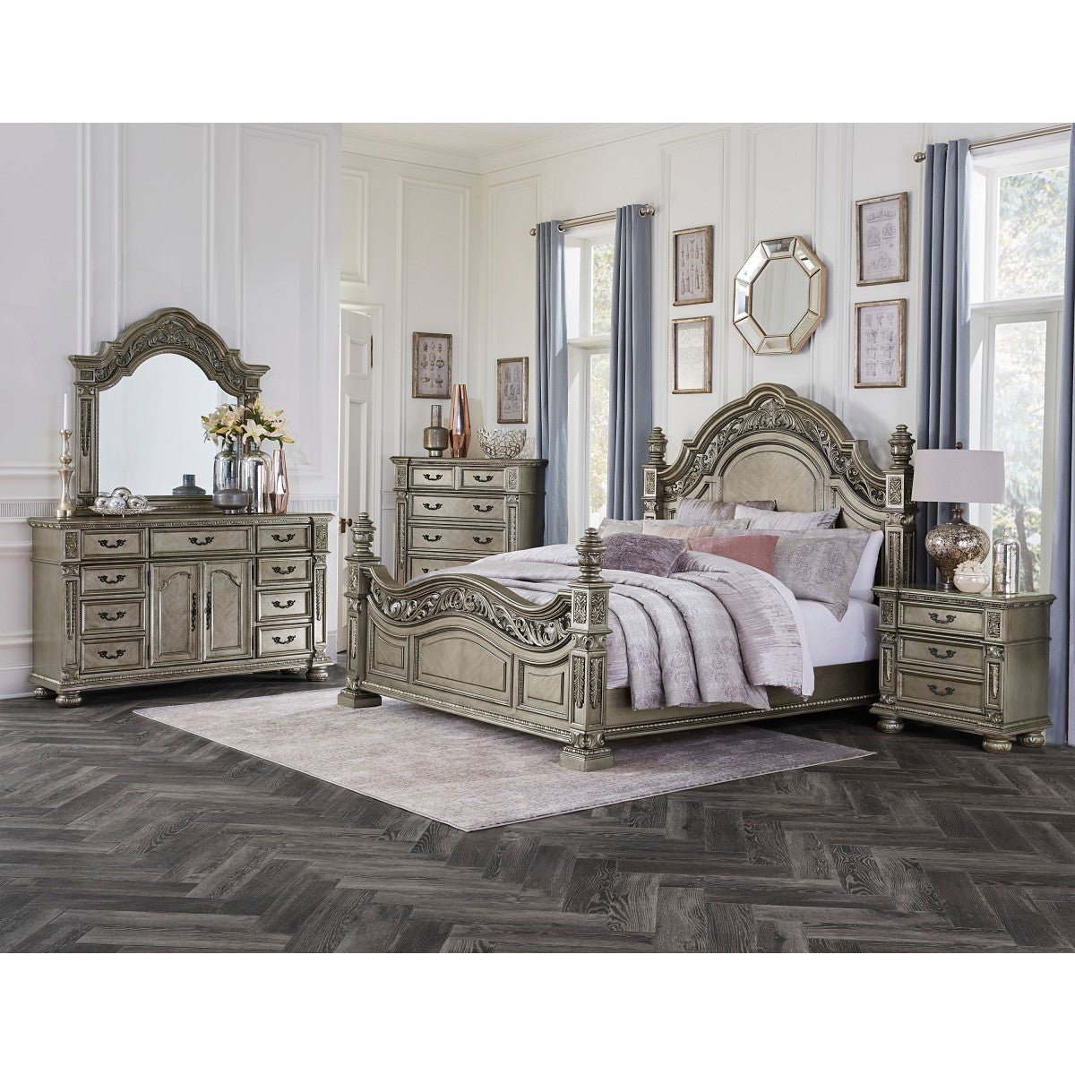 Catalonia Platinum Gold Eastern King Bed - Luxury King Size Bed Frame for Master Bedroom | Elegant Bedroom Furniture for Home Decor