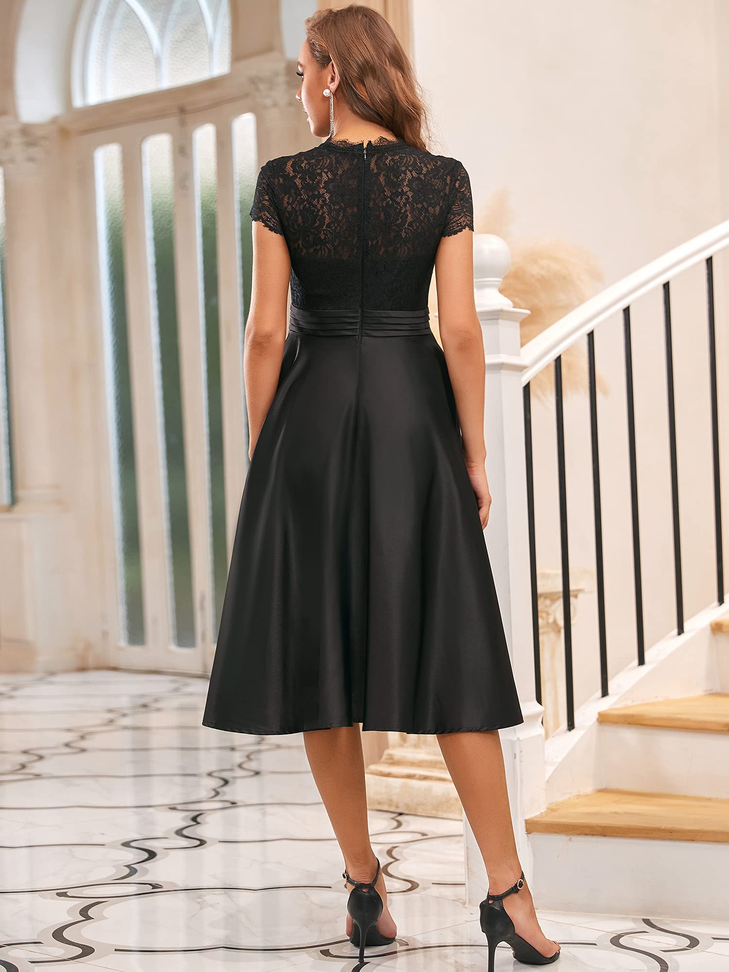 Ever-Pretty Women's A-Line Lace Sheer V-Neck Pleated Wedding Guest Dress - Perfect for Cocktail Parties, Bridal Showers & Formal Events