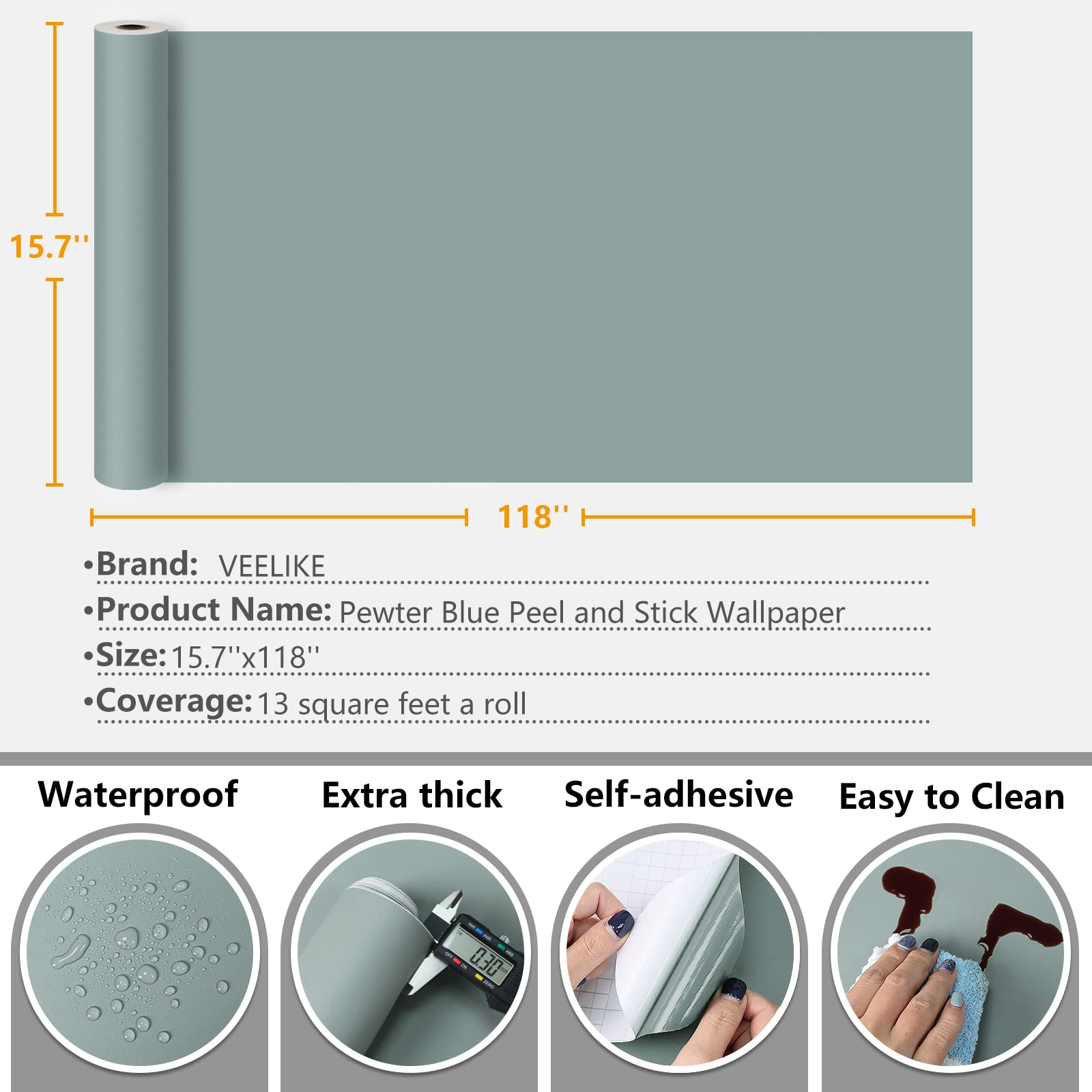 VEELIKE 15.7''x118'' Dusty Blue Peel and Stick Wallpaper - Removable Self-Adhesive Contact Paper for Cabinets, Walls, Countertops | Waterproof, Easy to Install | Perfect for Bedroom, Bathroom, Kitchen & Shelf Lining