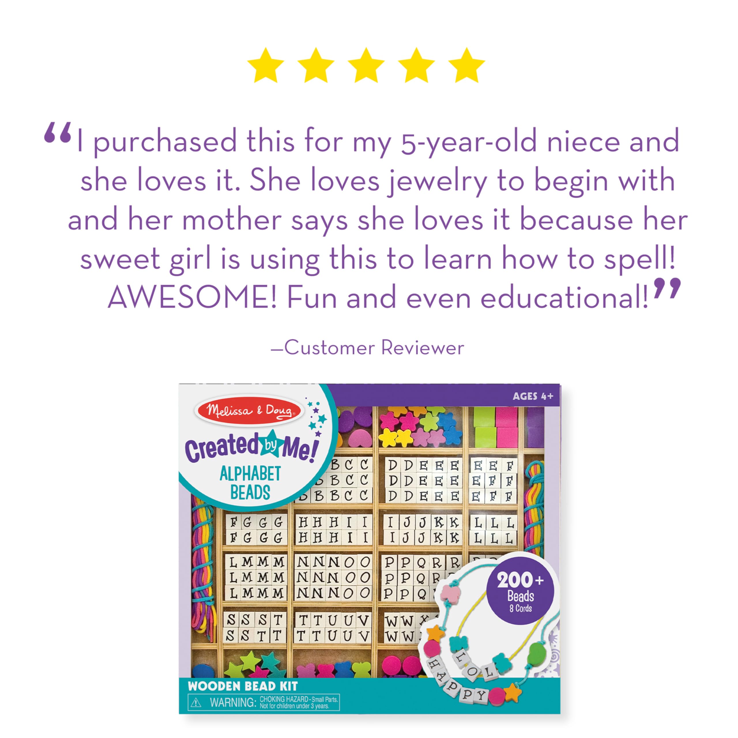 Melissa & Doug Alphabet Beads Deluxe Wooden Stringing Beads Set - 200+ Colorful Beads & 8 Laces for DIY Jewelry Making, Kids Crafts, and Educational Activities - Perfect for Bracelets, Necklaces, and Early Learning Fun