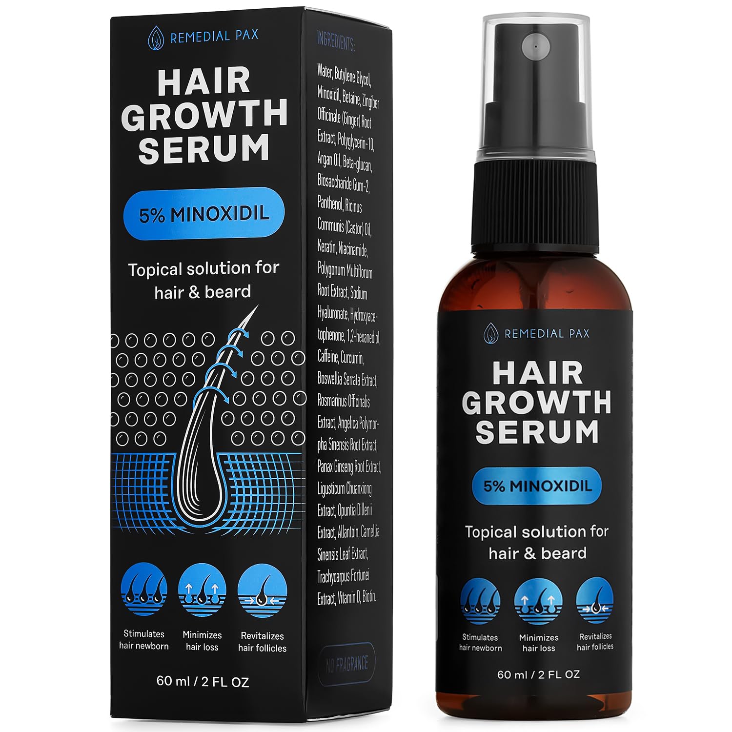 5% Minoxidil & Biotin Hair Growth Serum for Men & Women - Natural Organic Hair Regrowth Spray to Stop Hair Loss & Thinning - Works for All Hair Types (2 Fl Oz) - Perfect for Daily Use at Home or Travel