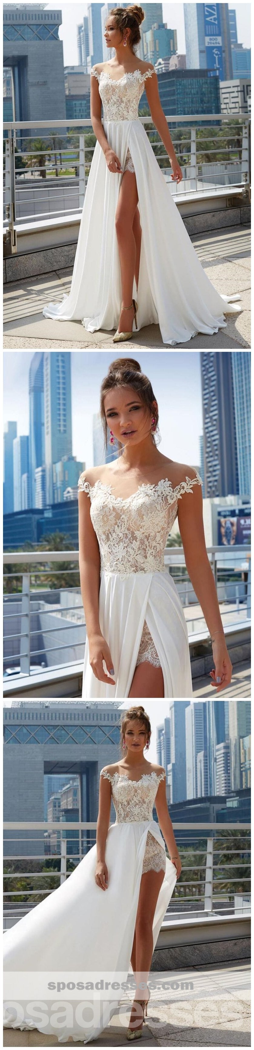 Elegant Off Shoulder Sheer Wedding Dress with Side Slit - A-Line Bridal Gown WD444 | Perfect for Beach Weddings, Vow Renewals & Romantic Photoshoots