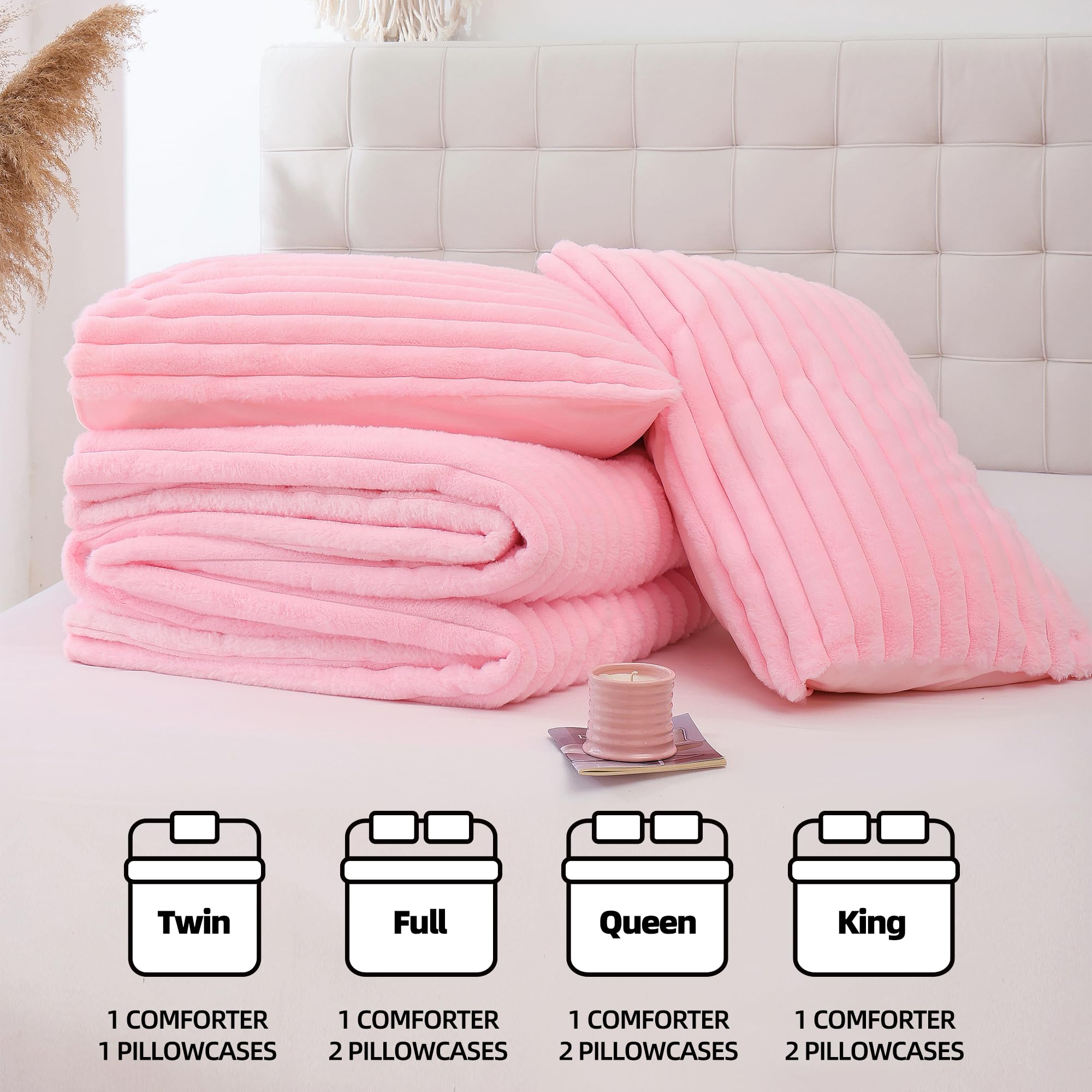 Luxury Pink Fleece Fluffy Queen Comforter Set - 3 Piece Soft Warm Faux Fur Bedding with 2 Pillow Shams | All Season Cozy Fuzzy Blanket for Bedroom, Guest Room & Dorm Decor | Ultra Plush Winter Comforter for Women & Teens