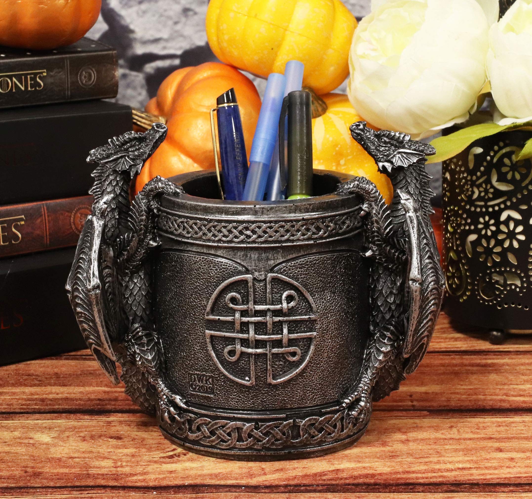 Ebros Medieval Fantasy Celtic Twin Climbing Dragons Bookend Statue - Gothic Dragon Themed Office Organizer, Desktop Pen & Pencil Holder, Makeup Brush Stand - 6.5