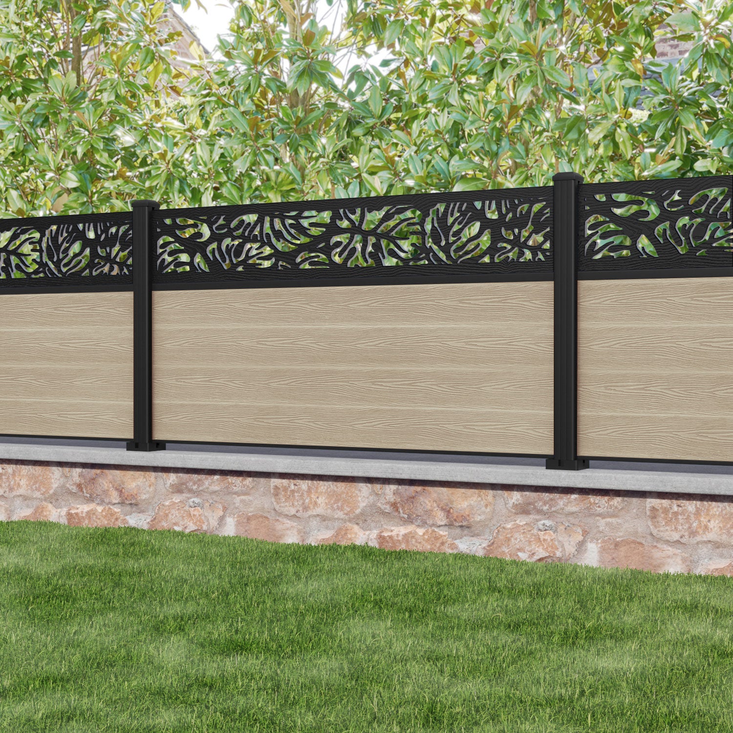 Classic Light Oak Botanic Fence Panel with Aluminum Posts - Perfect for Garden Privacy, Patio Borders, and Backyard Landscaping