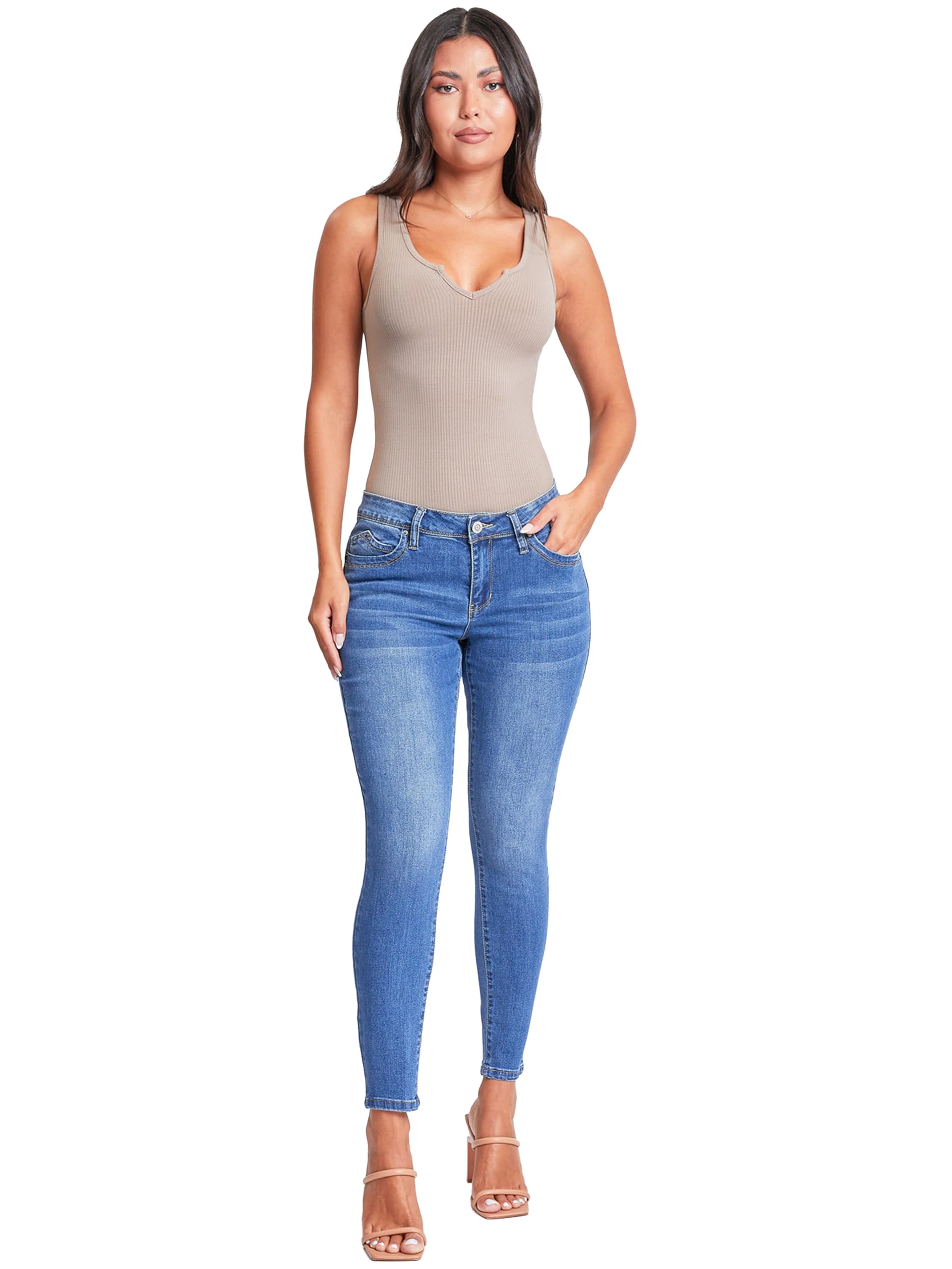 YMI Women's Juniors Mid-Rise Wannabettabutt Recycled Fiber Skinny Jeans - Eco-Friendly Stretch Denim Pants for Casual Wear & Everyday Outfits