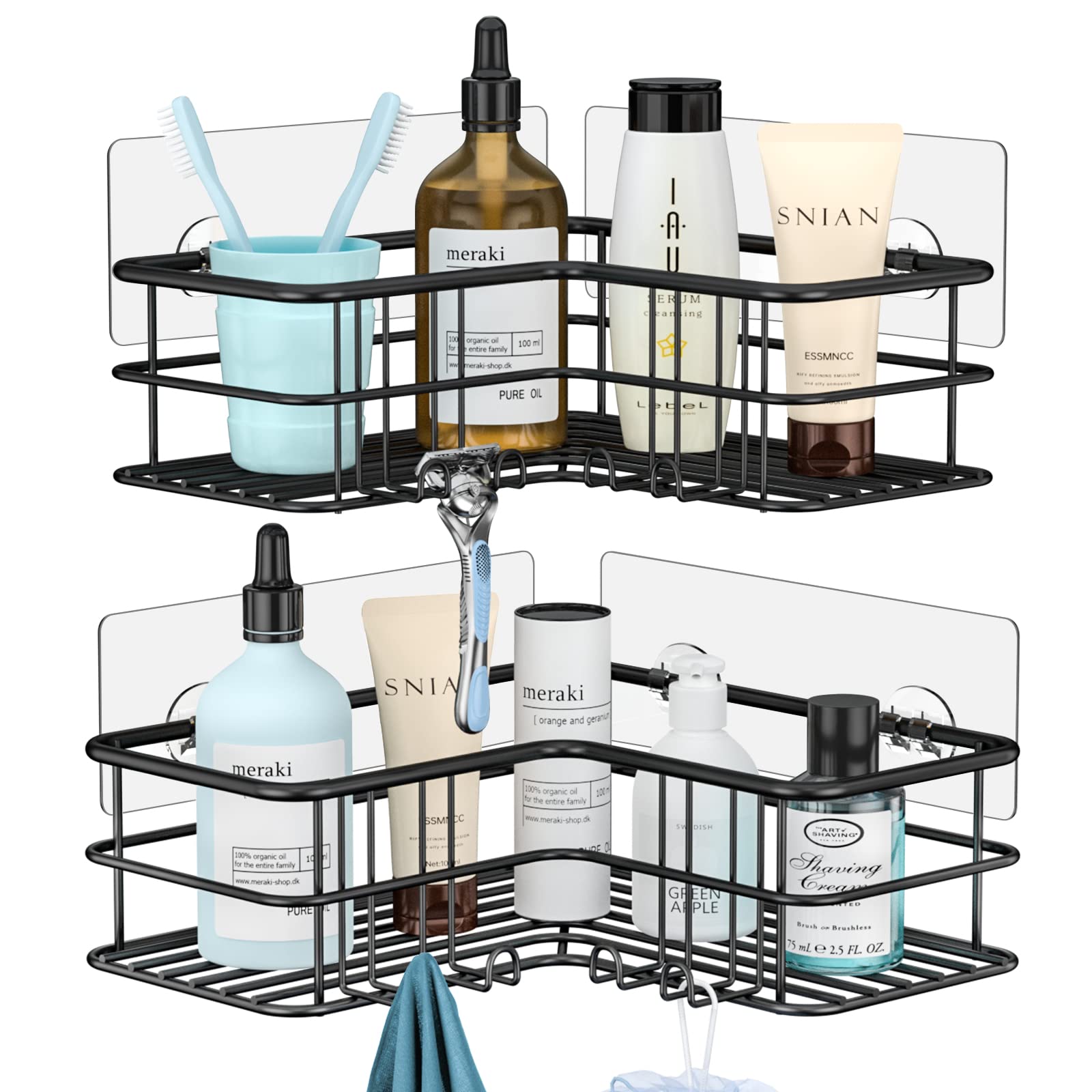 Menbyci Black Shower Caddy Corner Shelf - Rustproof Bathroom Organizer with Adhesive Mount, 2-Pack Shower Storage Rack for Shampoo & Toiletries - Perfect for Small Bathroom Organization & Space Saving
