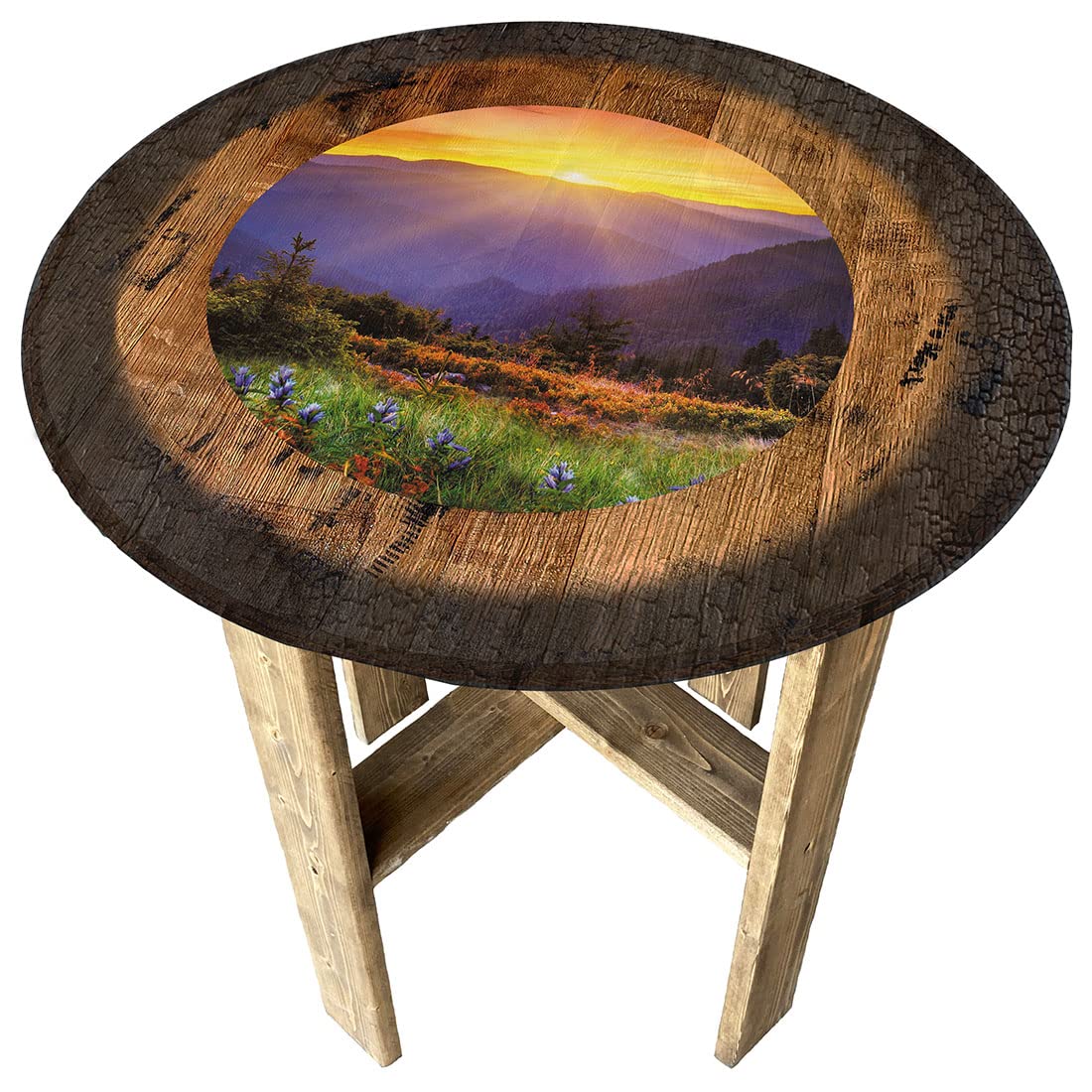 Morning Mountain Sunrise Purple Pub Gift Farmhouse Rustic Round Whiskey Barrel End Table - Vintage Home Decor for Living Room, Bedroom & Man Cave