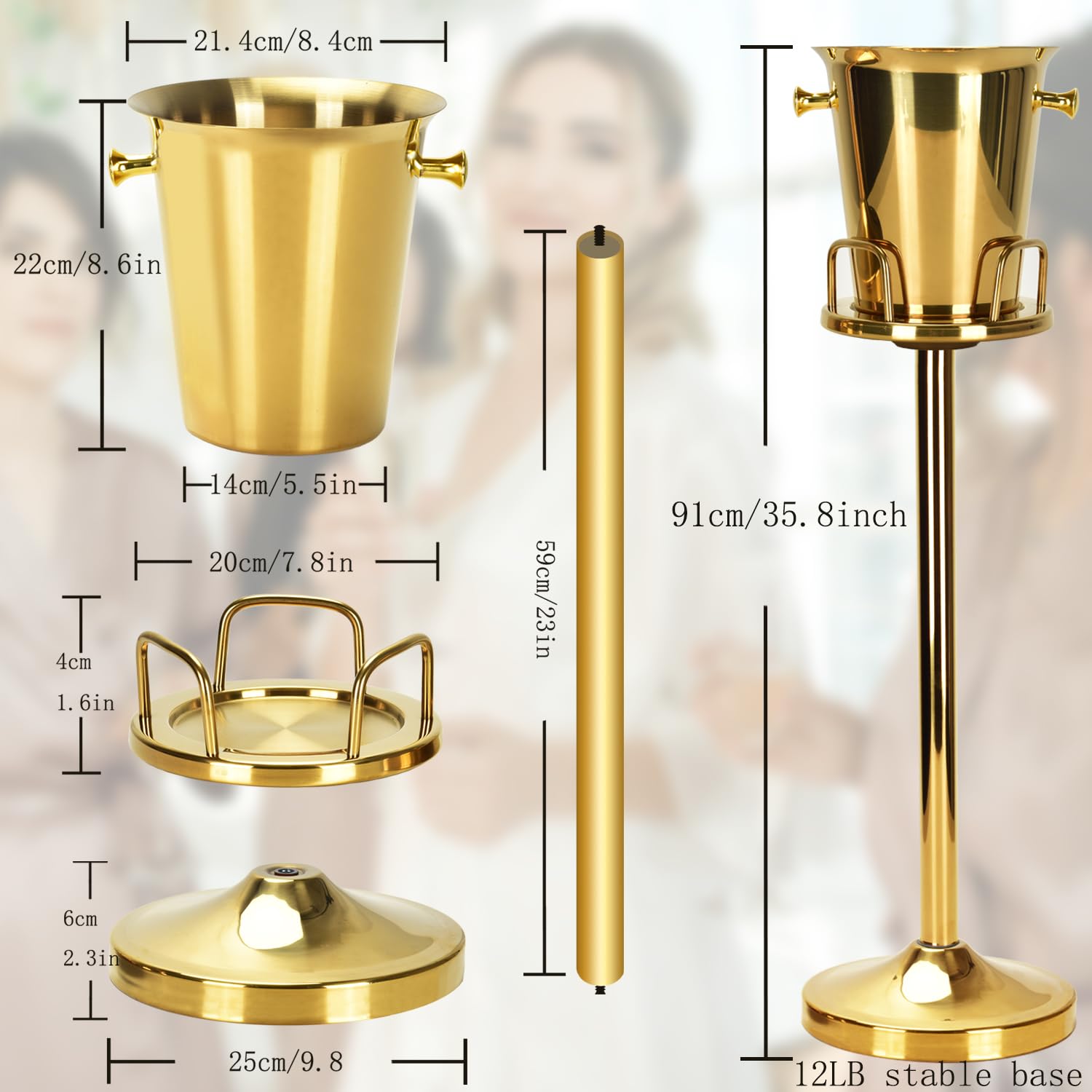 Stainless Steel Ice Bucket with Stand - 5L (12lb) Gold Champagne Wine Cooler for Beer, Champagne & Cocktails - Perfect for KTV, Club, Bar, BBQ, Wedding & Christmas Parties (91cm, Elegant Gold)