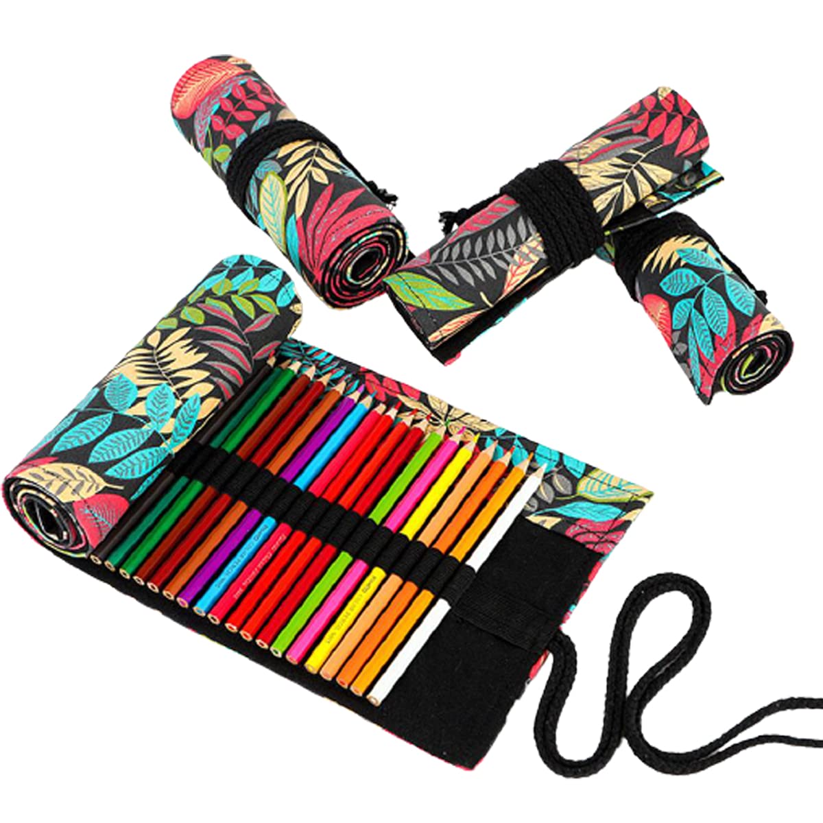 Misgirlot 48-Slot Canvas Pencil Wrap Roll - Premium Pencil Holder Case for Artists, Students & Adults - Organize Colored Pencils, Markers & Drawing Tools (Fallen Leaves Design) - Perfect for Art Classes, Sketching & Travel