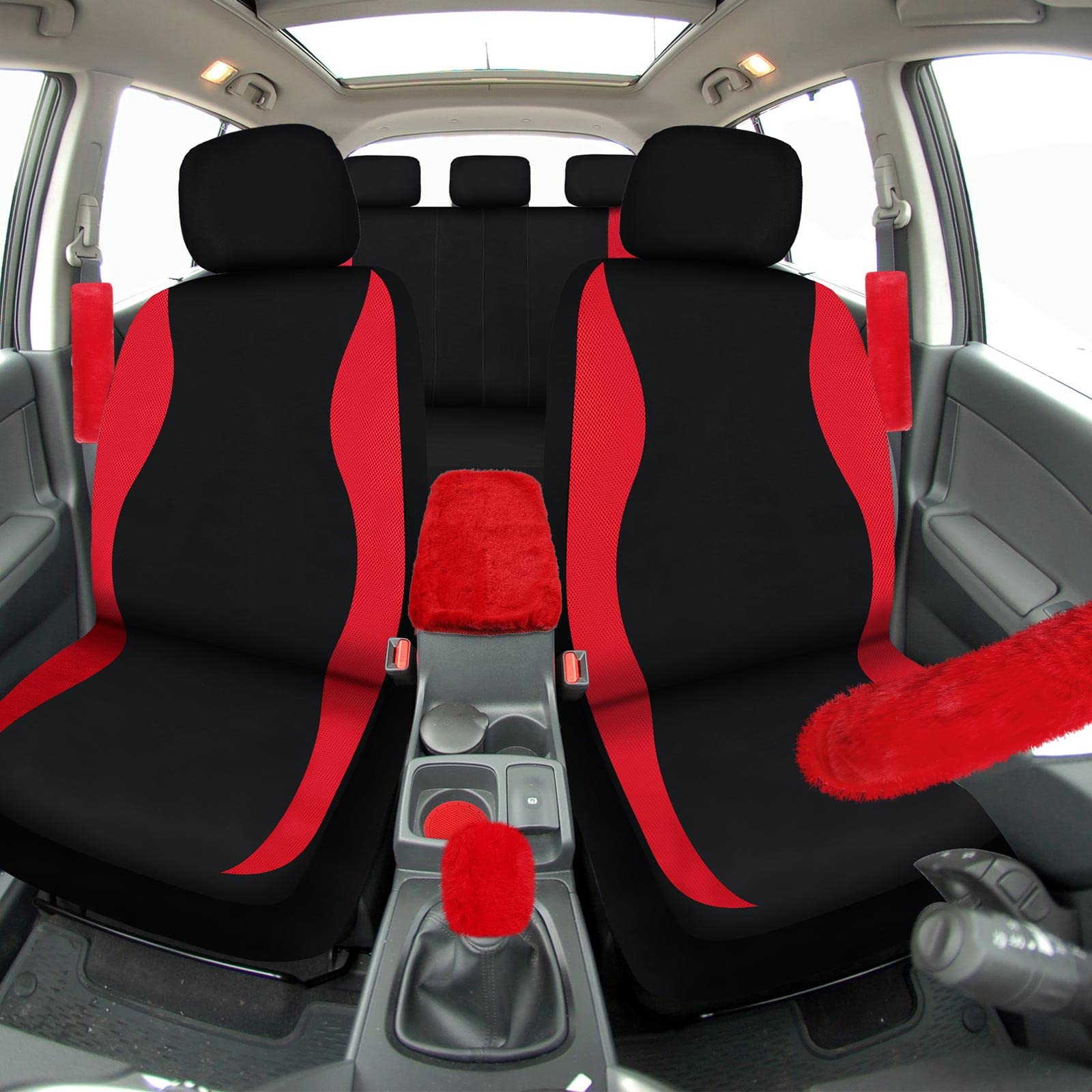 24-Piece Luxury Red Car Seat Cover Set for Women - Full Front & Rear Seat Covers with Fluffy Steering Wheel Cover, Crystal Decorated Seat Belt Shoulder Pads, Bling Car Phone Holder & Hooks - Perfect for Daily Commute, Road Trips & Gift Giving