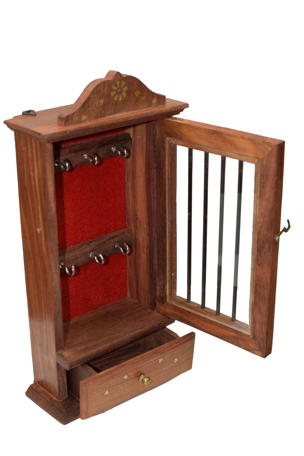 Premium Rosewood Key Holder with 6 Hooks & Glass Front Storage - Handcrafted Wooden Wall Organizer for Home, Office & Entryway Organization