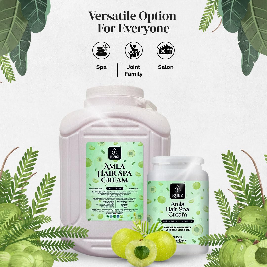 Rubz Amla Hair Spa Cream with Amla Extract - Controls Hair Damage, Improves Conditioning, Non-Sticky Oil Replacement - For Women & Men - Salon Quality (5 Kg) - Perfect for Deep Conditioning, Frizz Control & Daily Hair Care Routine