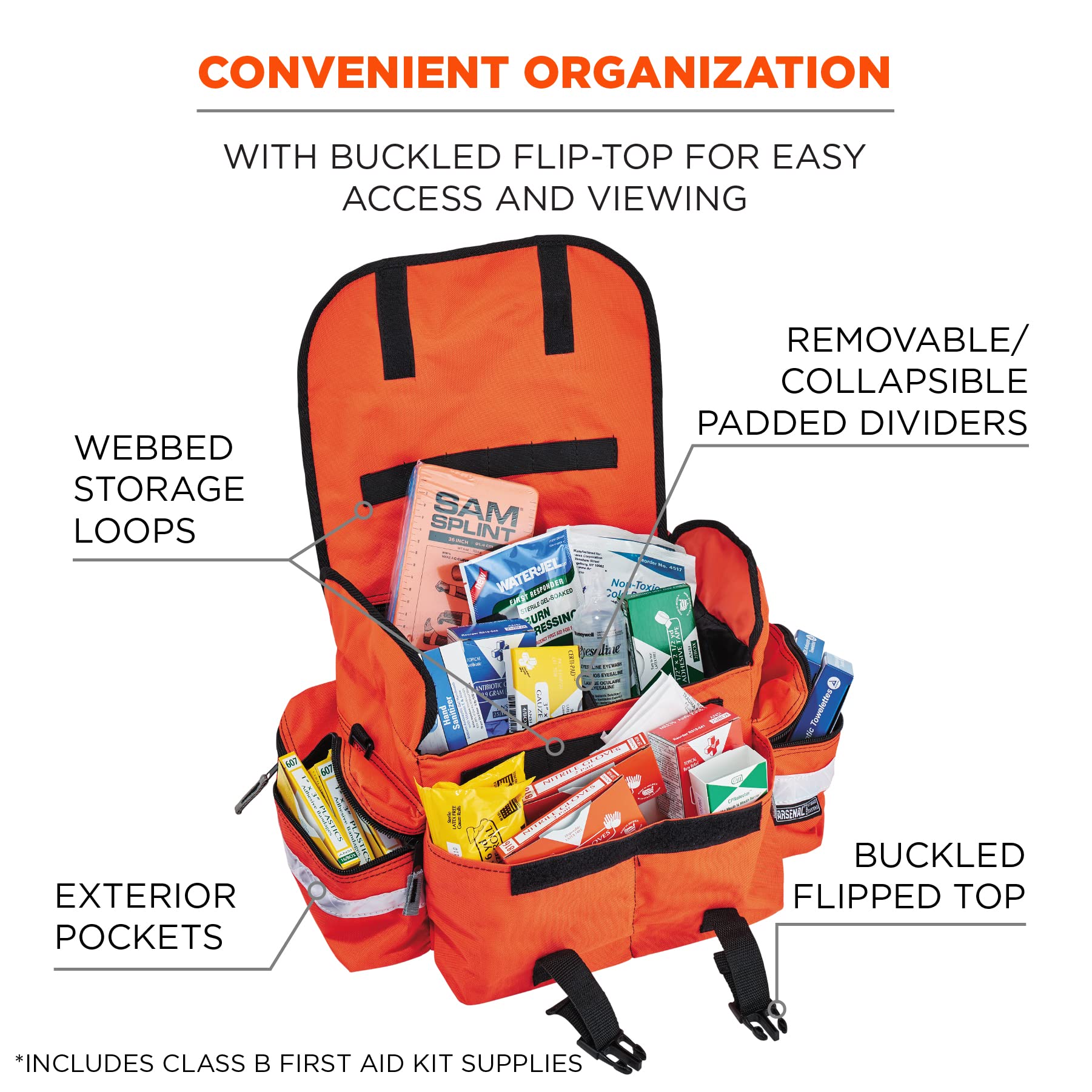 Ergodyne Arsenal 5210 Compact Trauma First Aid Kit with Class B Supplies - Orange Emergency Medical Bag for First Responders, Workplace Safety & Outdoor Adventures
