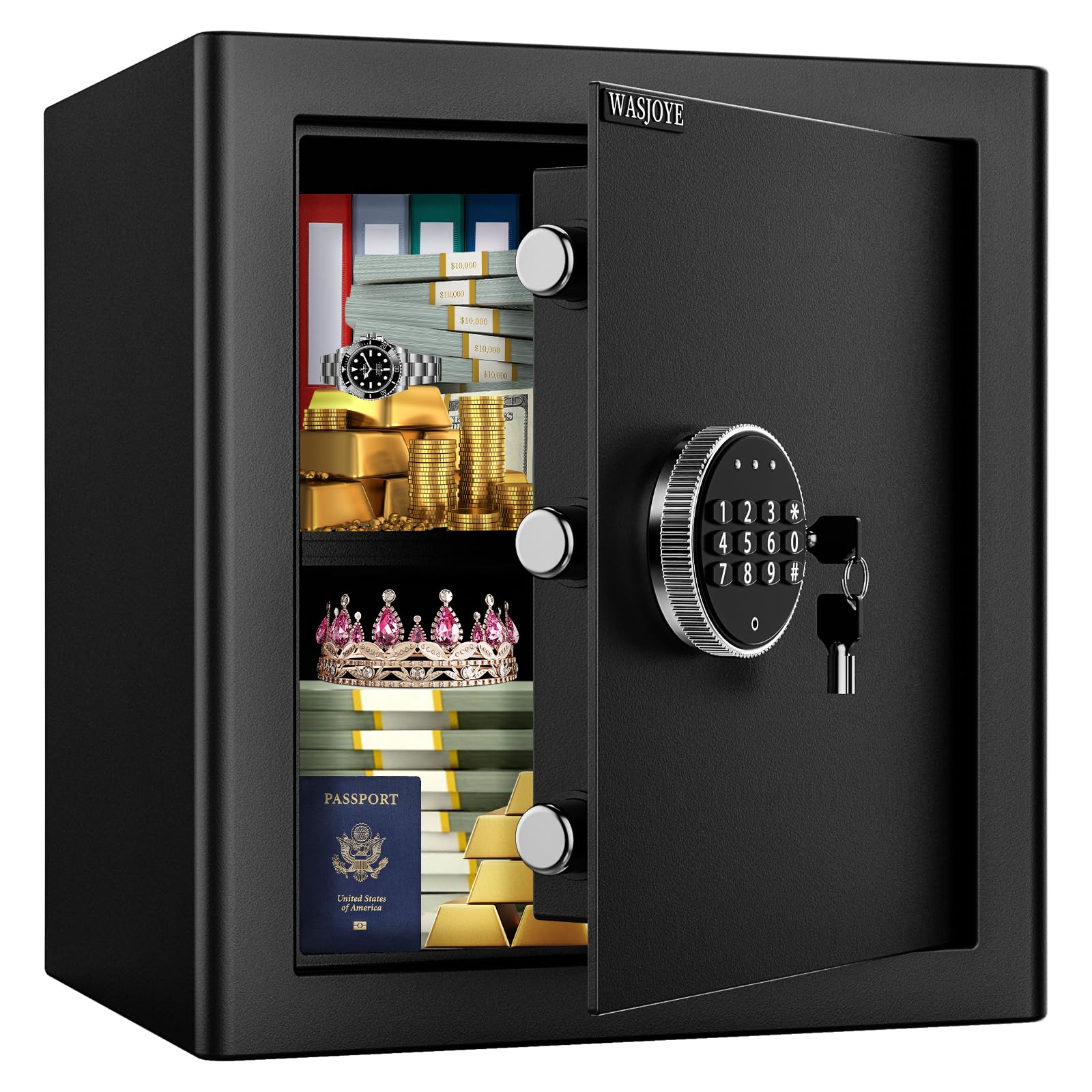 WASJOYE Digital Keypad Security Safe Box - 2.0 Cubic Feet Home & Office Safe for Money, Jewelry, Documents, Passports | Fireproof & Theft Proof | Ideal for Bedroom, Closet, Business & Hotel Use