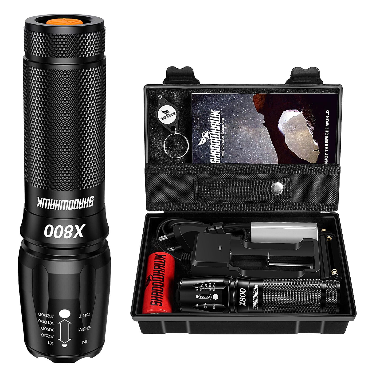 Shadowhawk X800 Ultra Bright 450,000 Lumen Rechargeable LED Flashlight - IP67 Waterproof Tactical Flashlight with 5 Light Modes & Zoom - Perfect for Outdoor Camping, Hiking, Emergency & Survival Gear