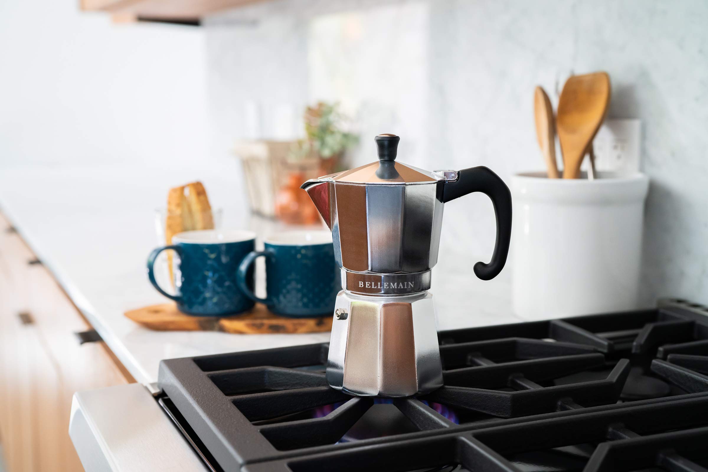 Bellemain Stovetop Espresso Maker Moka Pot - 3 Cup Italian Coffee Maker for Gas & Electric Stoves - Silver Aluminum Percolator for Home, Office & Camping Coffee Brewing